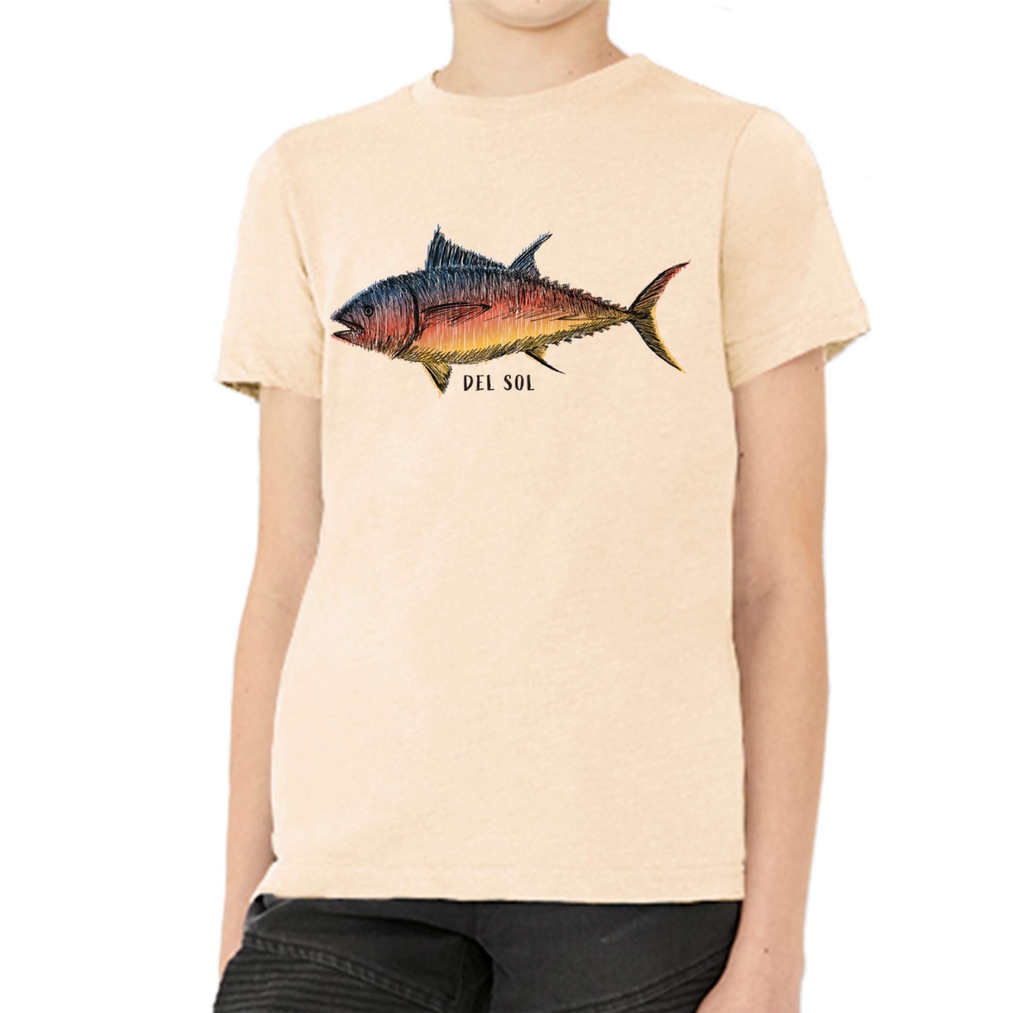 Del Sol Youth Boys Crew Tee - Big Fish, Natural T-Shirt - Changes from Black to Vibrant Colors in The Sun - 100% Combed, Ring-Spun Cotton, Relaxed Fit, Fine Jersey - Size YXS