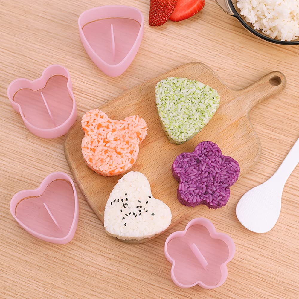 AYCCNH Non Stick Onigiri Mold Triangle, Heart, Bear and Plum Blossom Shaped Rice Ball Press Molds, Creative Sushi Rice Making Kit, With Small Rice Paddle (4 Pieces)