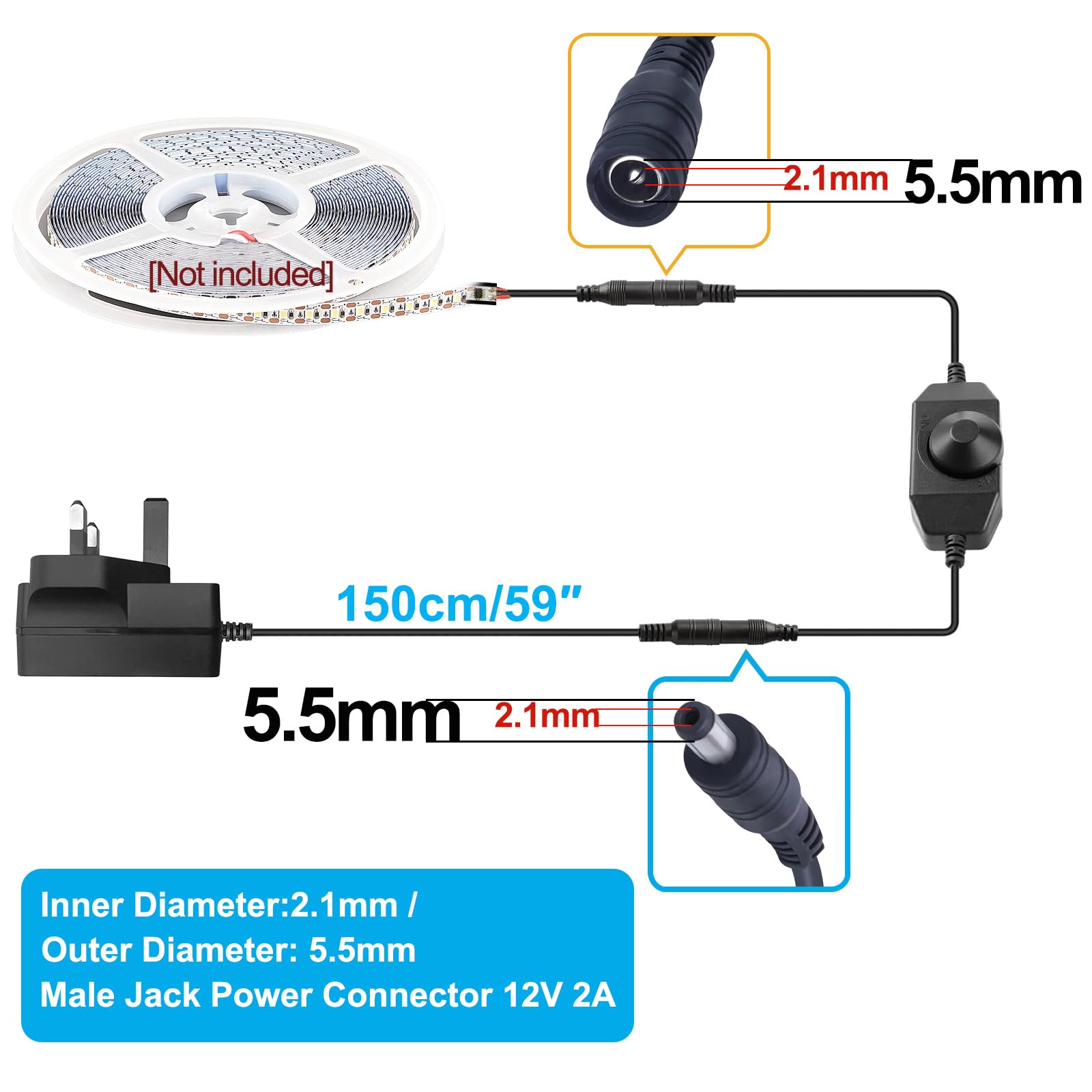 DC 12V-24V 3A PWM LED Strip Dimmer - Luxury Controller for LED Tape - Rotary Dimmer Switch with DC Jack (White 1Pcs) - Image 3