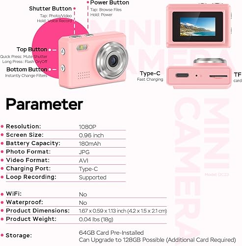 Miniatura 9 de Mini cámara grabadora de video HD 1080P, videocámara digital con llavero con tarjeta de 64 GB, pantalla HD de 0.96 pulgadas, batería de larga