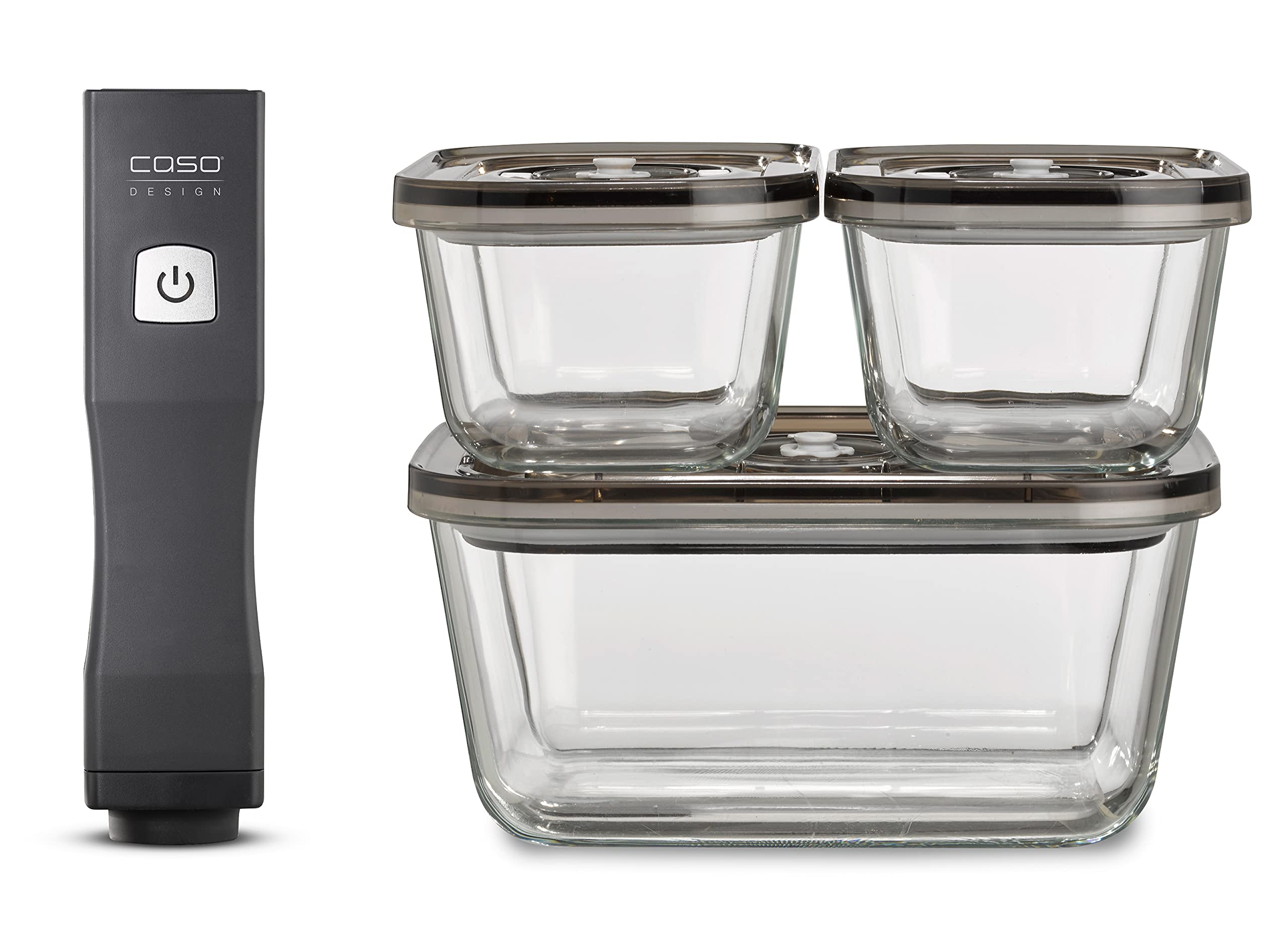 CASO Vacu OneTouch Eco-Set kabelloser Handvakuumierer mit 3 Glasbehältern, 10 ZIP-Beuteln, 150 Min Laufzeit