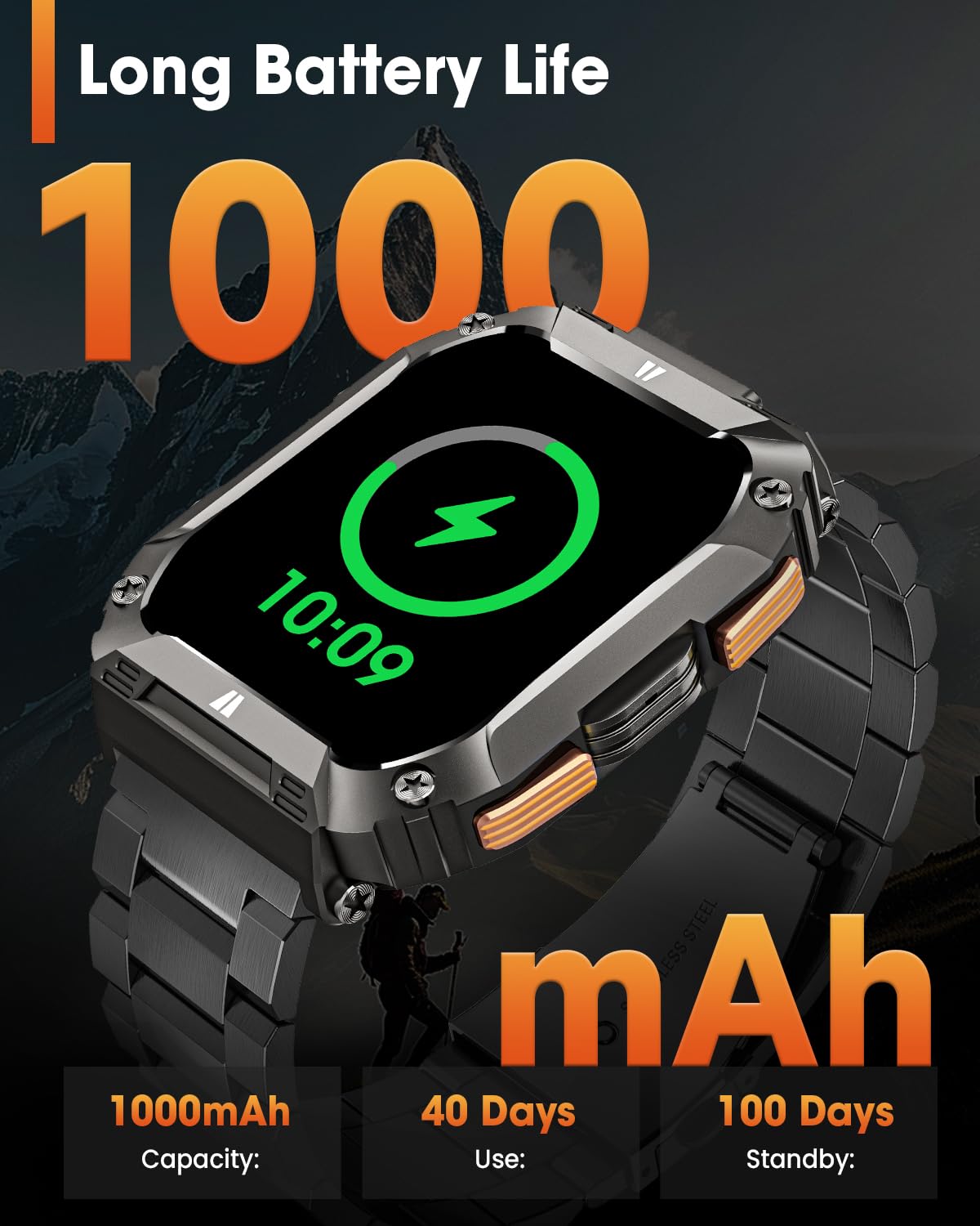 Montre Connectée Homme avec LED Lampe/1000mAh Batterie, 2.01" AMOLED Smartwatch Militaire avec Appel Bluetooth, 113 Modes Sportifs, 5 ATM Étanche, 24/7 Fréquence Cardiaque/Sommeil Android iOS