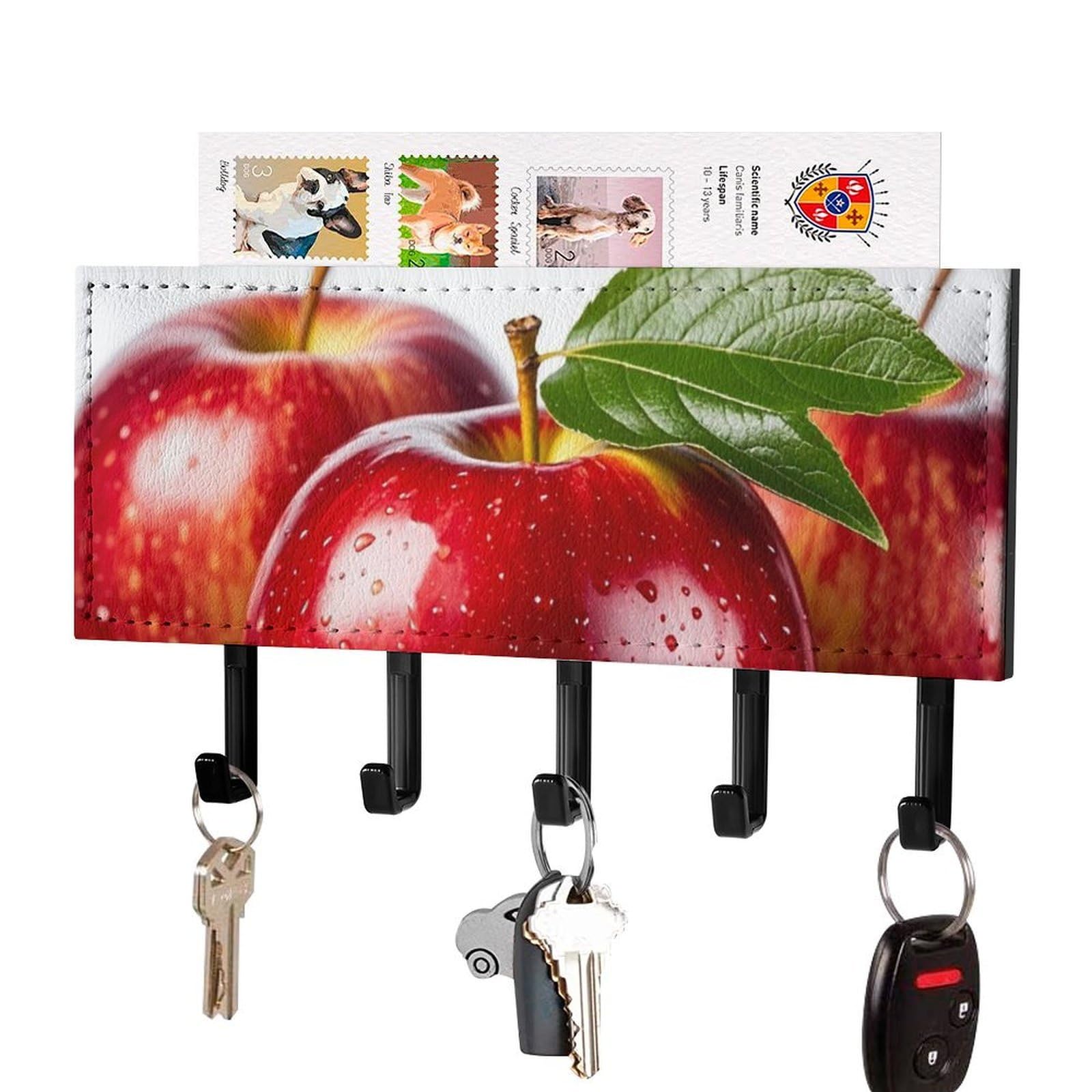 FekiLoot Red Apple Fruit Key Holder Wall Mount Key Hanger with 5 Hooks Decorative Key Rack Hanging Key Hooks with Mail Organizer Key Holder for Wall Living Room Kitchen Bathroom Hallway Black