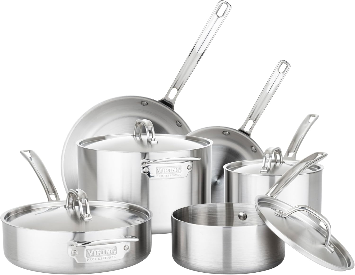 Viking 5-Ply Pots and Pans Set, 10 Piece Stainless Steel Kitchen Cookware, Silver
