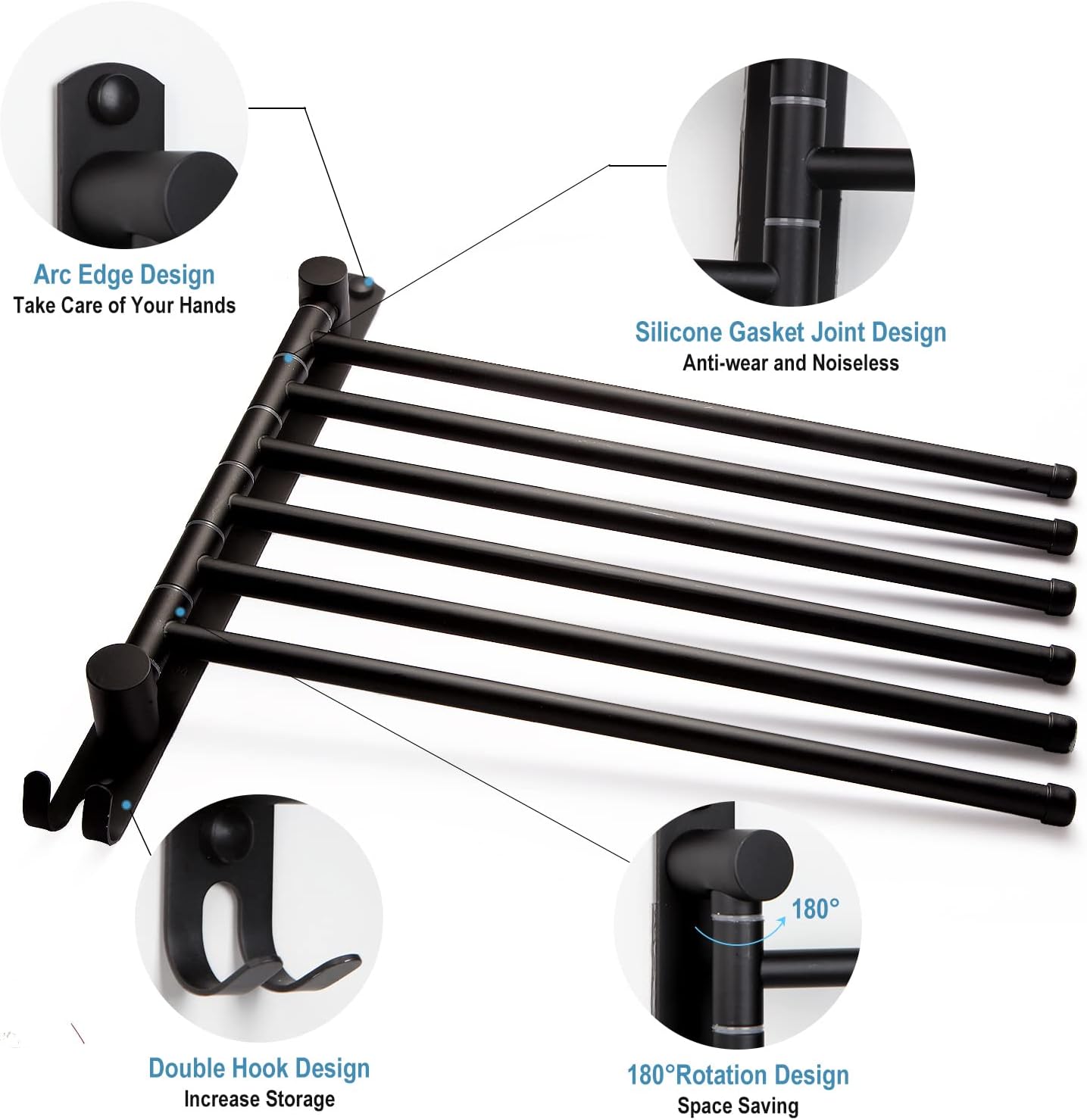 6-Arm Swivel Towel Rack - 180° Rotating Wall Mounted - 304 Stainless Steel Rustproof - Heavy Duty Space Saving for Bathroom Kitchen Laundry Room (Matte Black)