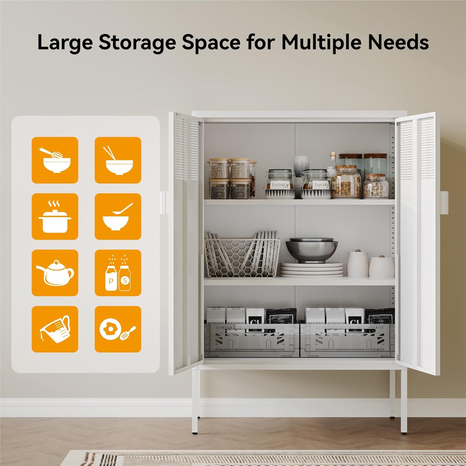 COFaR White Metal Storage Cabinet with Adjustable Shelves, 47”H Modern Buffet Sideboard & Coffee Bar Cabinet with Magnetic Doors, Ventilated Steel Organizer for Kitchen, Dining Room, Home Office