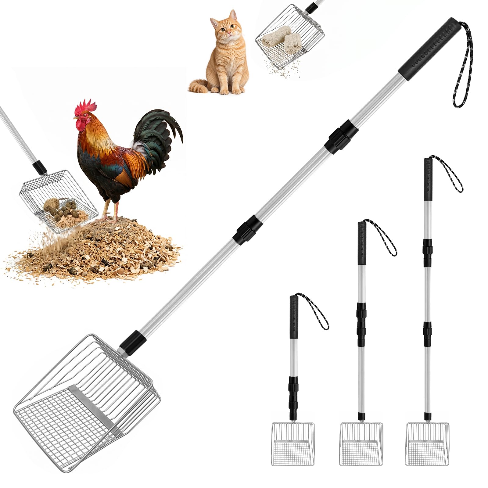 Hühnerkotschaufel, Siebschaufel Kotschaufel, 3 in 1 Einstellbare Siebschaufel, 108cm Hühnerstall Zubehör, Katzenklo Schaufel für Hühnerstall Trennung von KOT und Schutt von Sand (Silber)