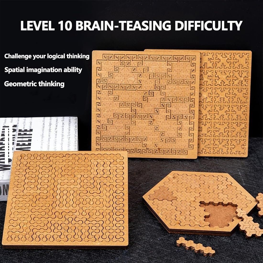 Rompecabezas de Bandeja Fractal, Rompecabezas de Madera Educativo for Adultos, desafío de Rompecabezas de Madera Irregular Duro for Juegos de Entrenamiento Cerebral (4 Piezas)