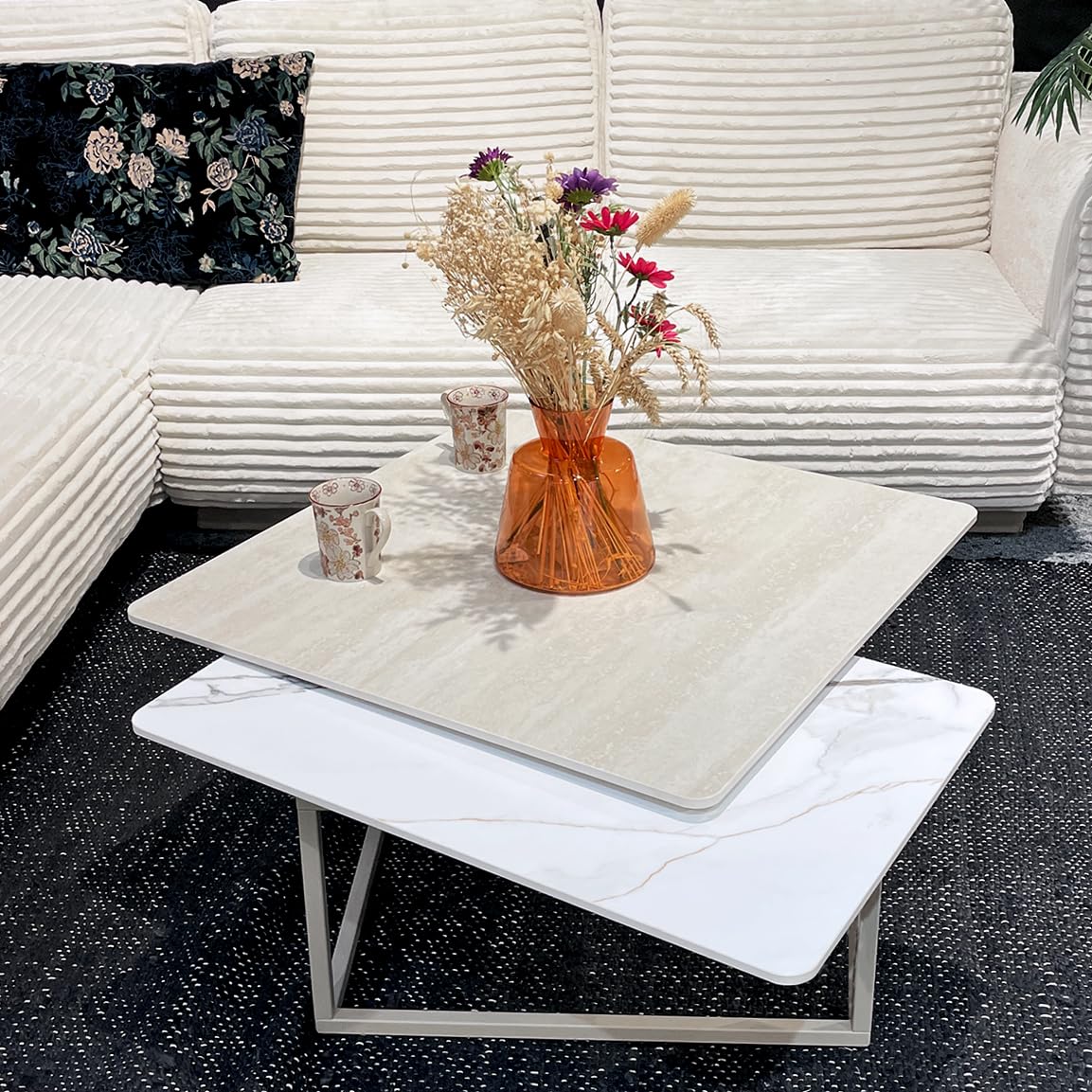Meubletmoi Table Basse rotative 2 Plateaux en céramique Blanche Effet marbré et Beige Effet travertin avec piètement métal Beige – Design Moderne et ingénieux – THYLA