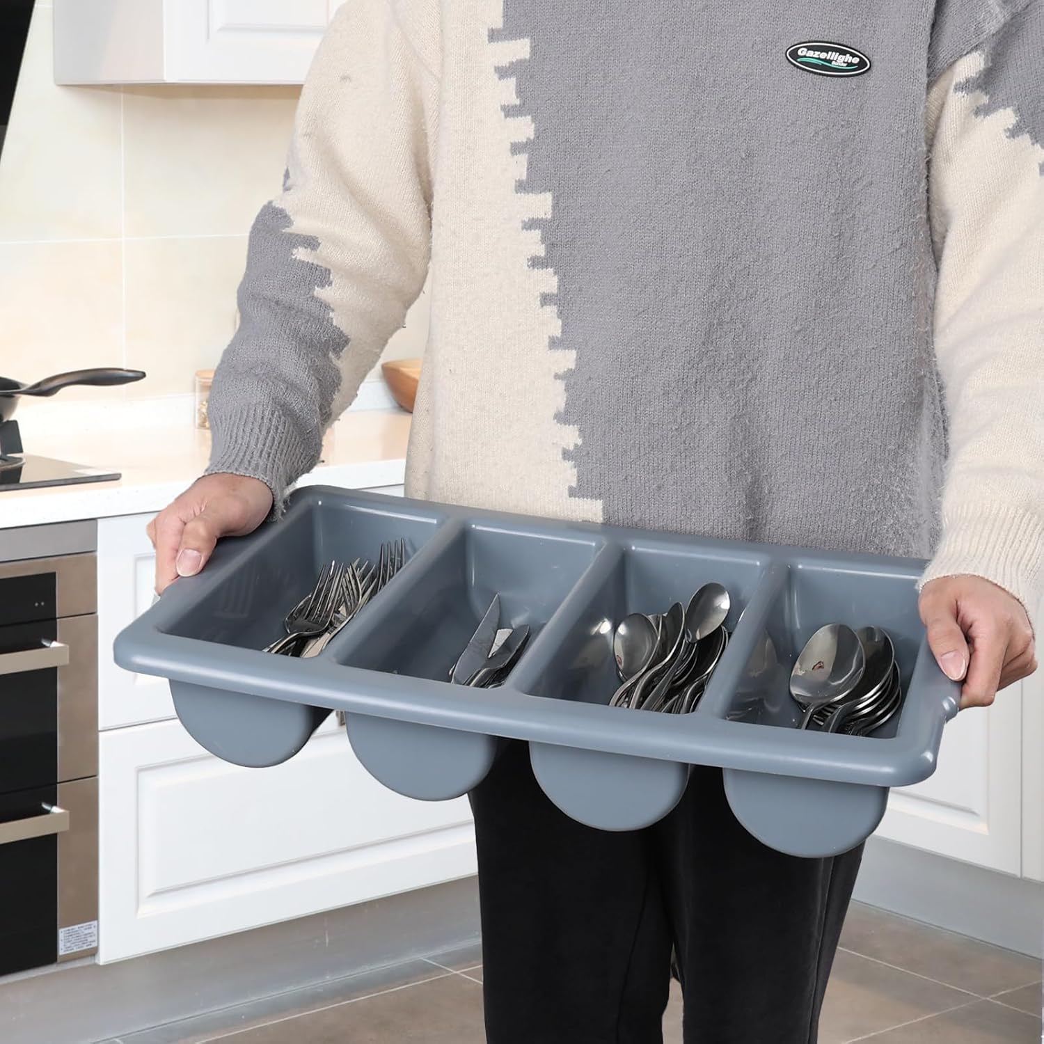 Set of 4 Heavy-Duty Cutlery Bins – 4-Compartment Commercial Silverware Tray (10" Internal Length) – Nestable, Washable, Gray (21.3" x 12.8")