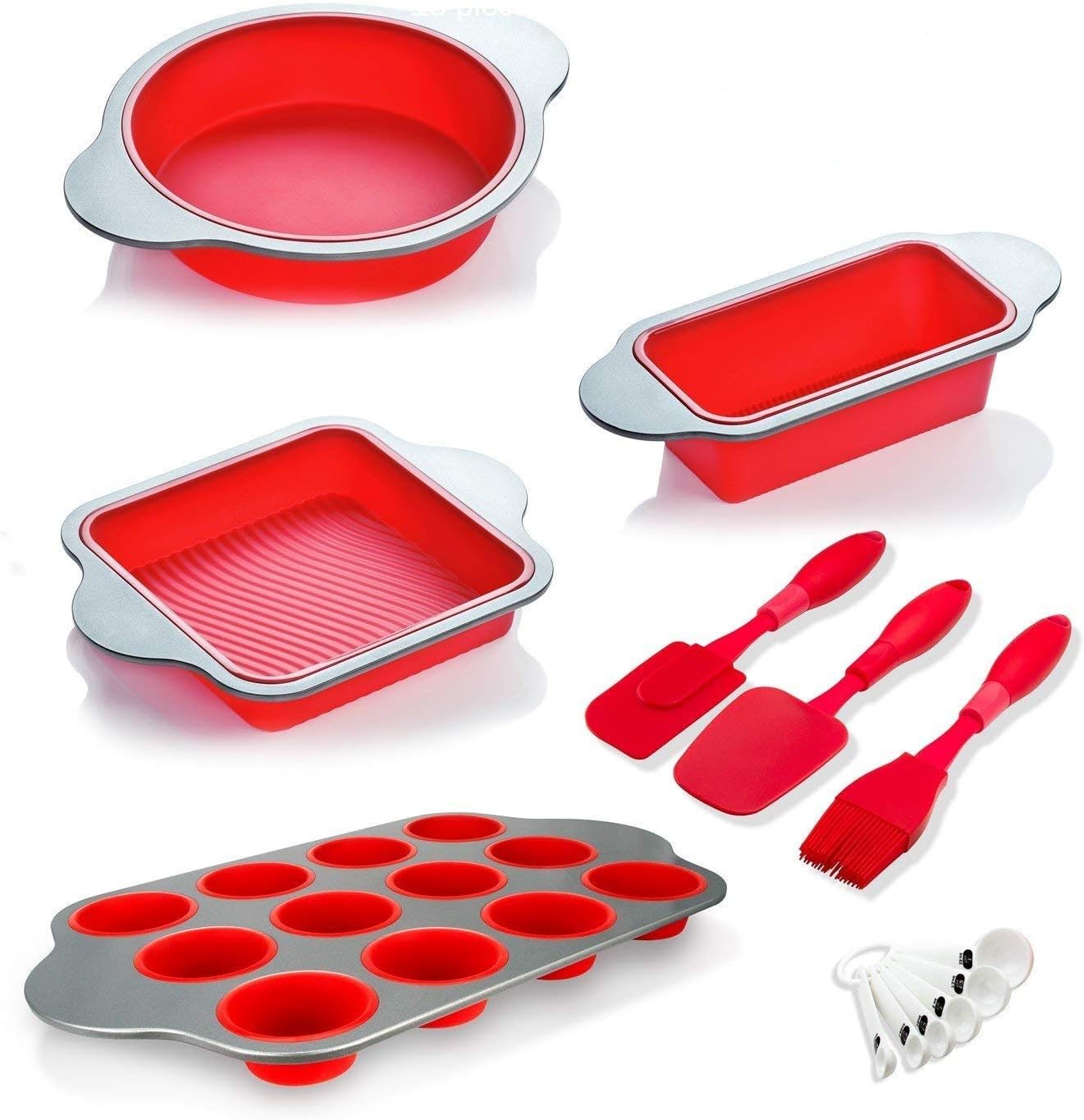 Silicone Baking Set and Utensils (Set of 13) by Boxiki Kitchen - Silicone Cake Tins, Brownie Baking Tin, Loaf Tin, Muffin Trays, Spatula Set, Brush & 6 Measuring Spoons