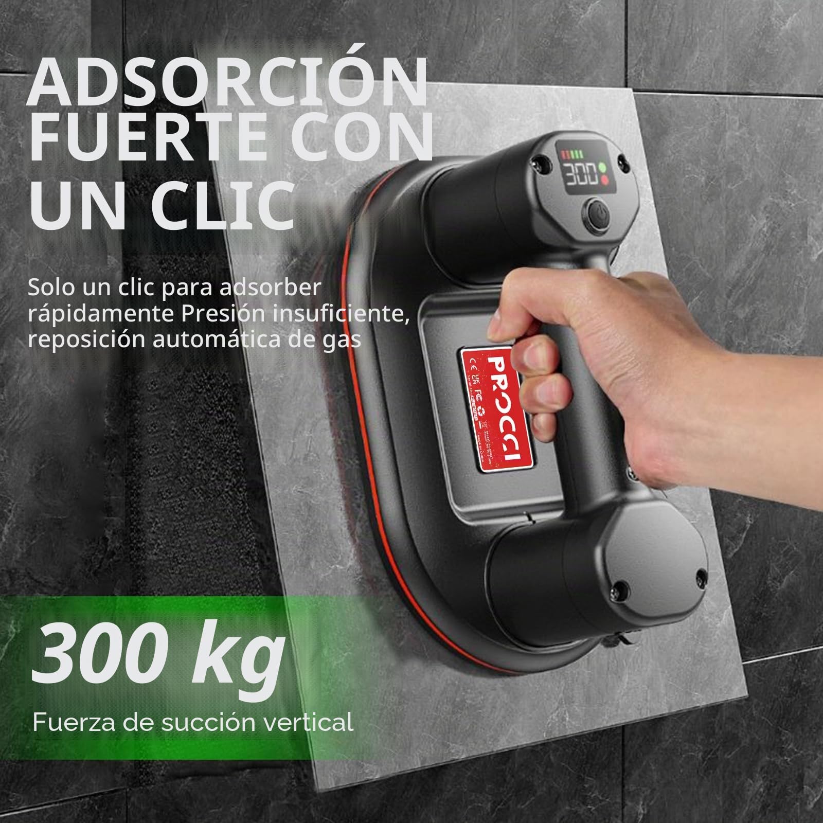 Nueva Ventosa a Batería para Azulejos, Vidrio, Mármol, Ventosa Eléctrica Longitud de 24 cm, 2 Motores, Potencia de Succión de 300 KG, Pantalla LCD, Batería de 4000 mAh Hasta 10 Horas