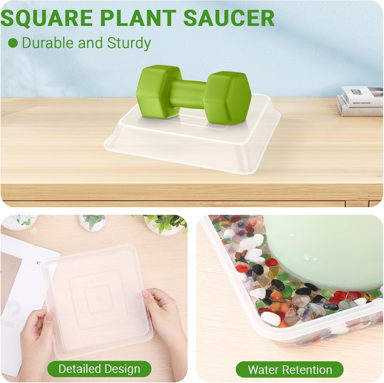 GREANER 8 Inch Plastic Plant Saucer, Clear Pebble Tray for Plant Humidity, Flower Plant Drip Trays for Indoor & Outdoor Plants(2 PCS)