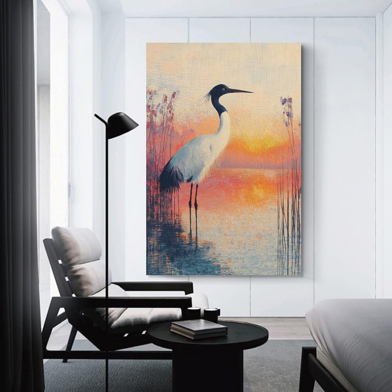 Junmoney Wall Art Print Crane by The Water at Sunset, 20x30inch(50x75cm), for Bedrooms, Workspaces And Everyday Interiors, Stylish Home Artwork for Focal Walls