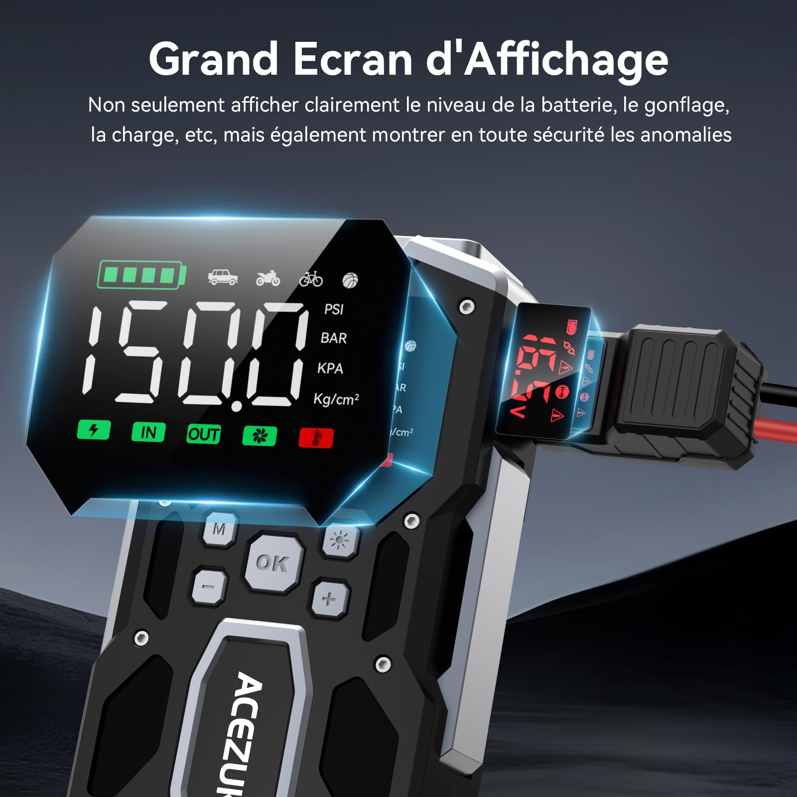 ACEZUK - Arrancador de batería de Coche con compresor de Aire, 4000 A, inflador de neumáticos de 150 PSI, 26 800 mAh, 12 V, para Coche de Gasolina o diésel de 10 L, led de 4000 lúmenes