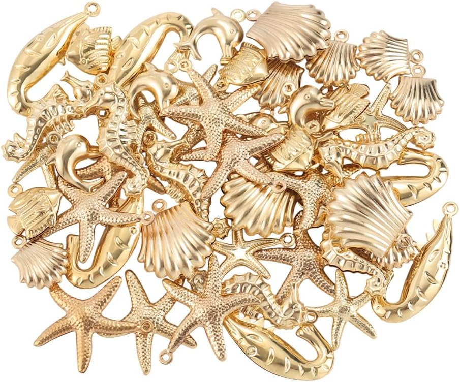 SUNNYCLUE 1 Box 54Pcs 9 Styles Real 18k Gold Plated Sea Animal Charms Ocean Shell Charms Dolphin Starfish Conch Fish Summer Life Pendants for Jewelry Making Findings Earrings Bracelet DIY Crafts - Image 5