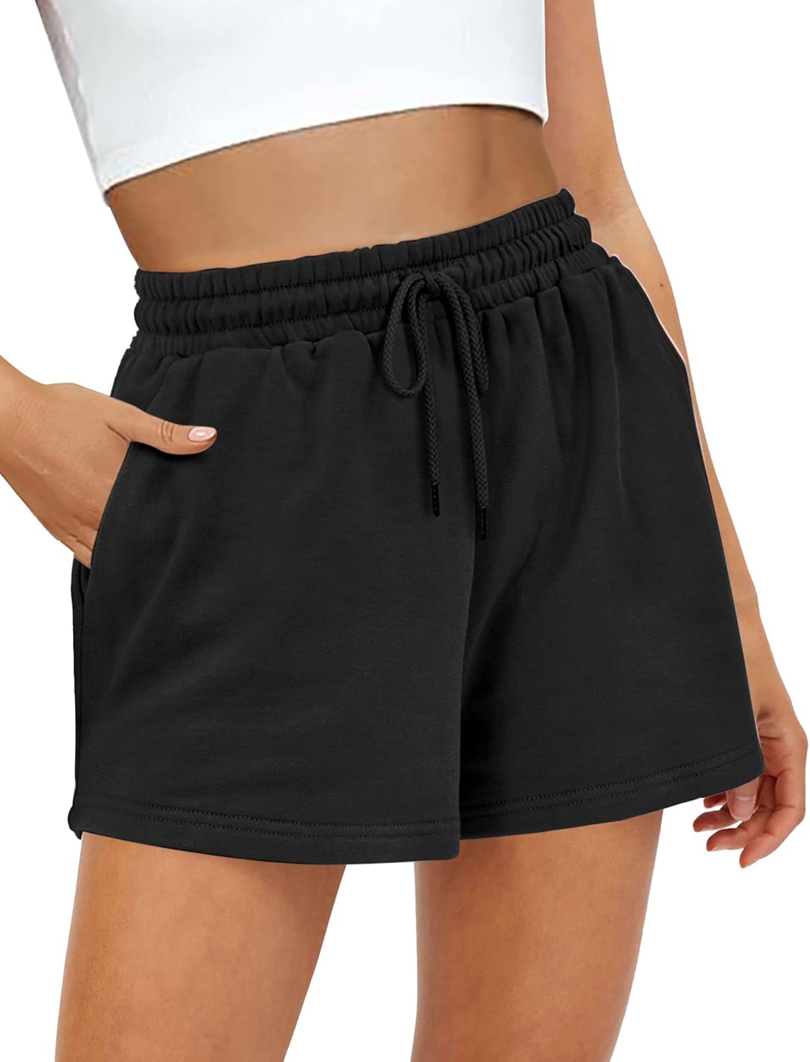 Women's Sweat Shorts SweatShorts Summer Lounge Cotton Drawstring Cute Fleece Shorts with Pockets Athletic Running Active Elastic Jersey French Terry Shorts 2024 Women Cloth Sweatpants Trendy Black
