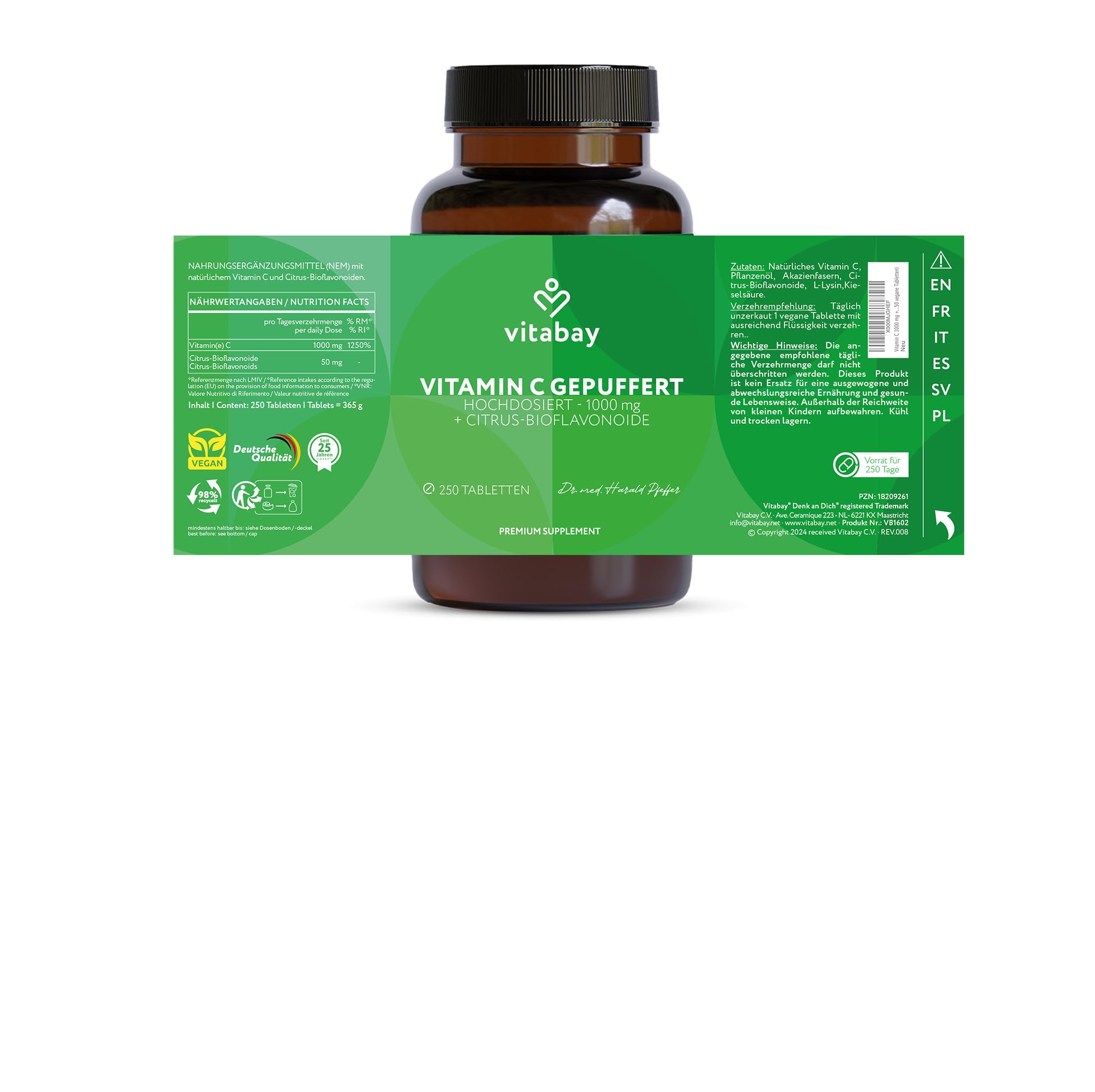 Vitabay Vitamin C 1000 mg – 250 vegane Time Released Tabletten – gepuffertes Vitamin C mit Citrus-Bioflavonoiden – ohne unnötige Zusätze, laborgeprüft – Vorrat für 250 Tage