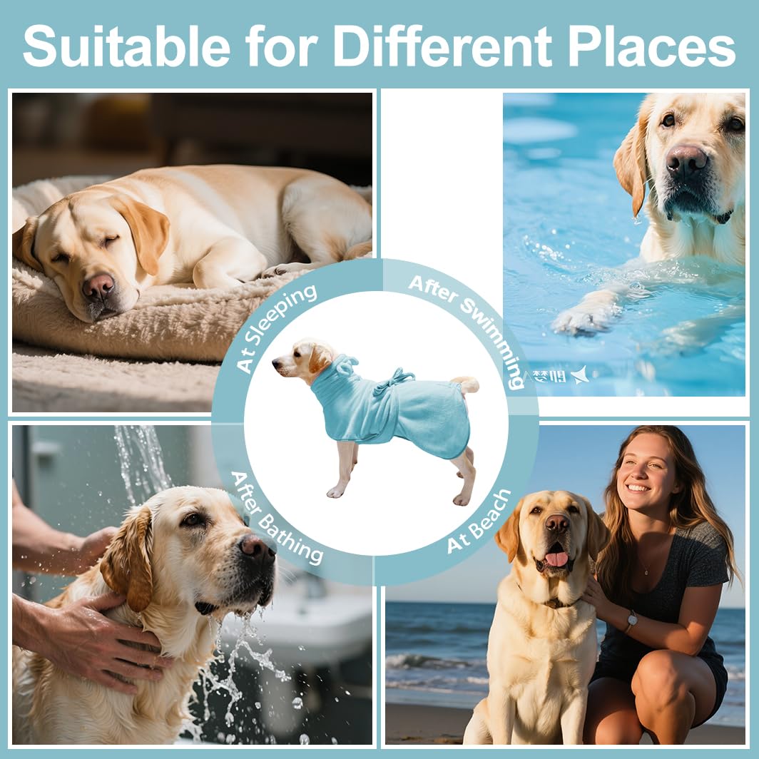 Peignoir pour chien de taille moyenne à grande, séchage rapide, super absorbant, serviettes chaudes, capuche et ceintures réglables pour produits de bain pour chiens (bleu, L)