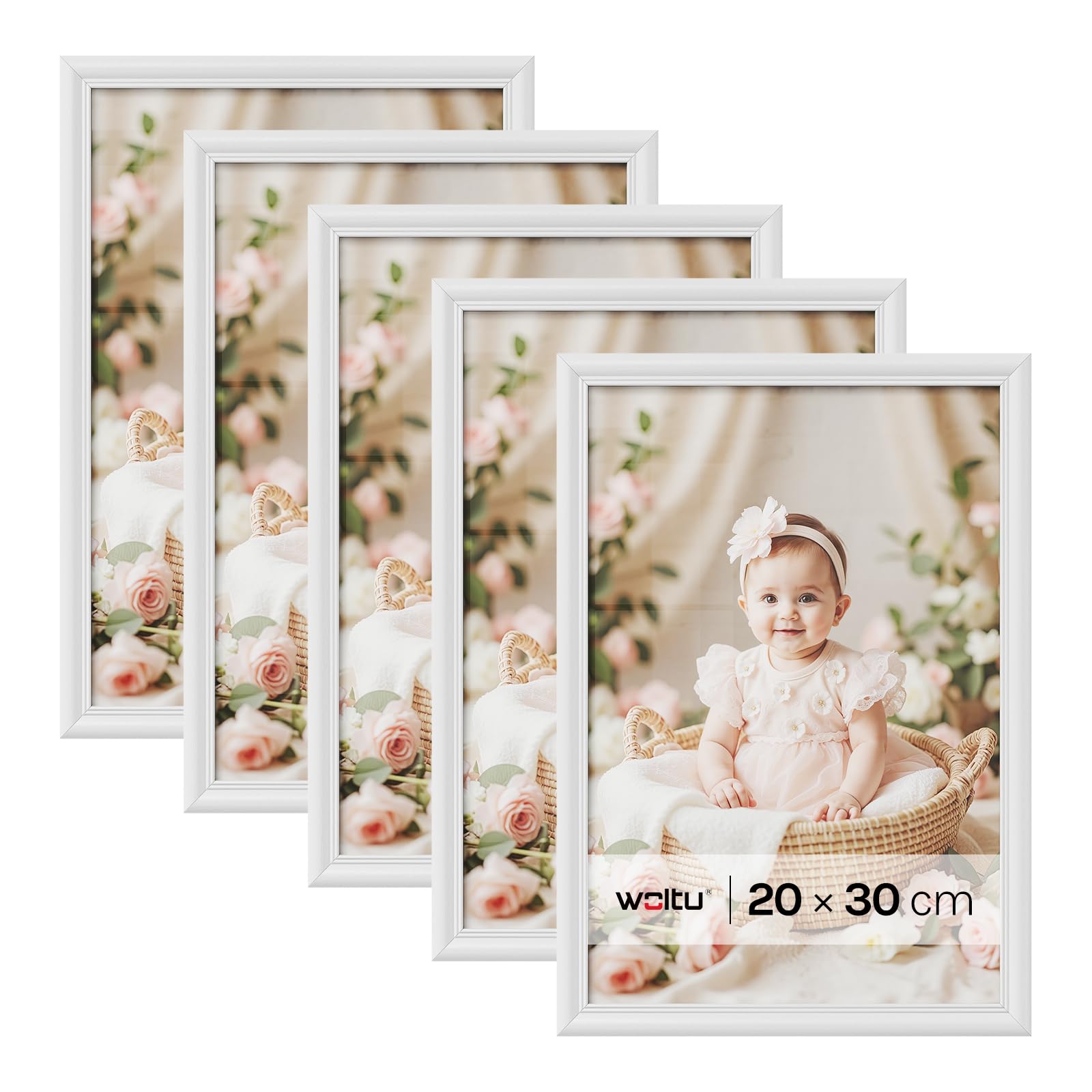 WOLTU Lot de 5 Cadre Photo 20x30cm Cadre en Bois Massif avec Passe Partout, Suspendre Horizontalement ou Verticalement, Décoration Murale ou sur Table, Blanc