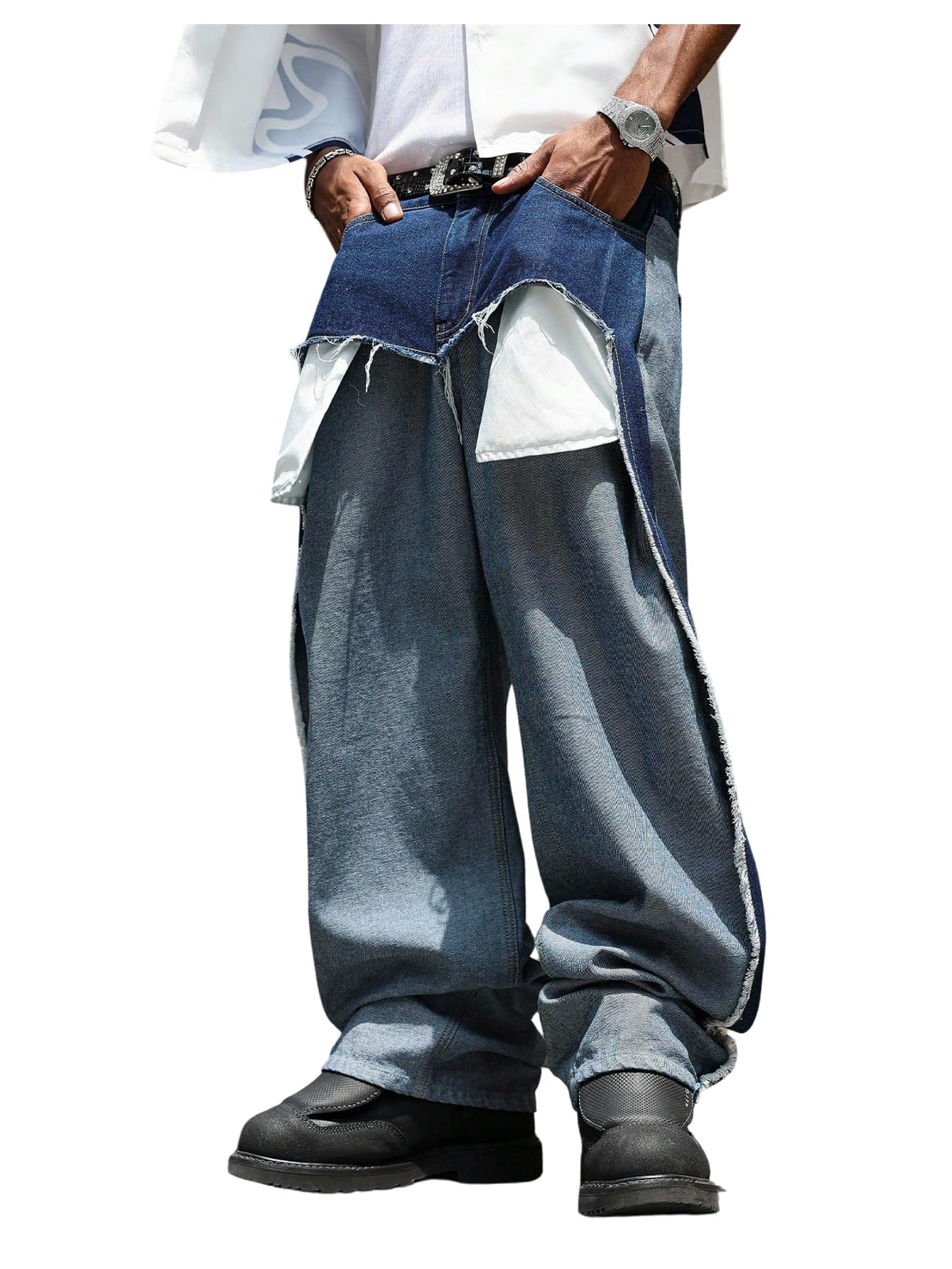 Mens Y2k Patchwork Jeans Vintage Frayed Straight Leg Hip Hop Denim Pants with Pockets Streetwear