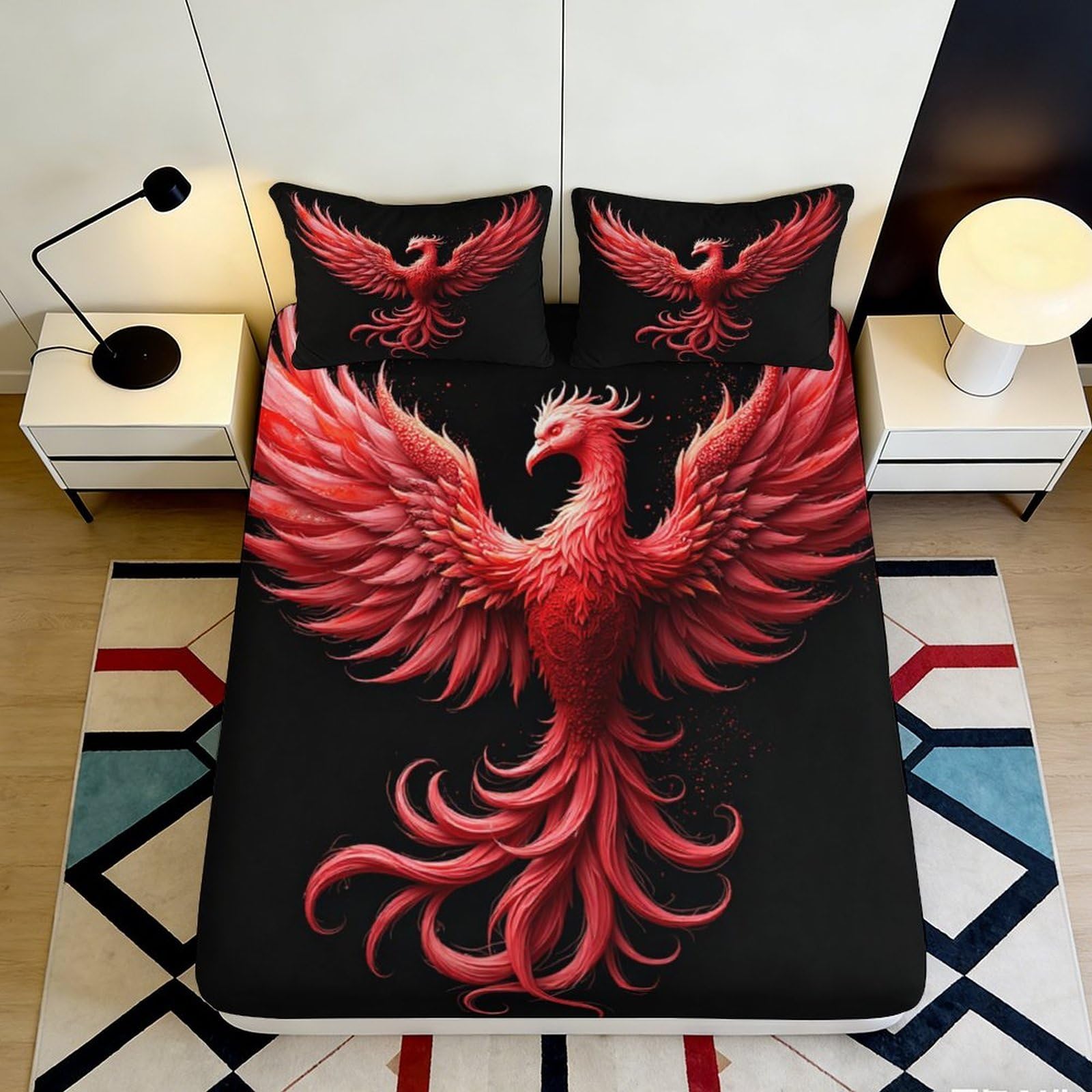 Uxinyoume Style-8 3D Printed Red Phoenix Fitted Sheet Microfiber Soft Breathable Fire Bird Mattress Cover For Bedroom Dorm Decor 90X200x25cm