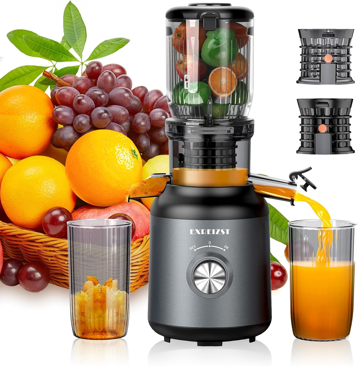Exreizst 250W Cold Press Juicer Machines, 103mm Wide Chute for Whole Fruits & Veg, Slow Masticating, BPA-Free Tritan, Grey – High Yield Quiet Extractor, Healthy Morning Juice for Family & Kids