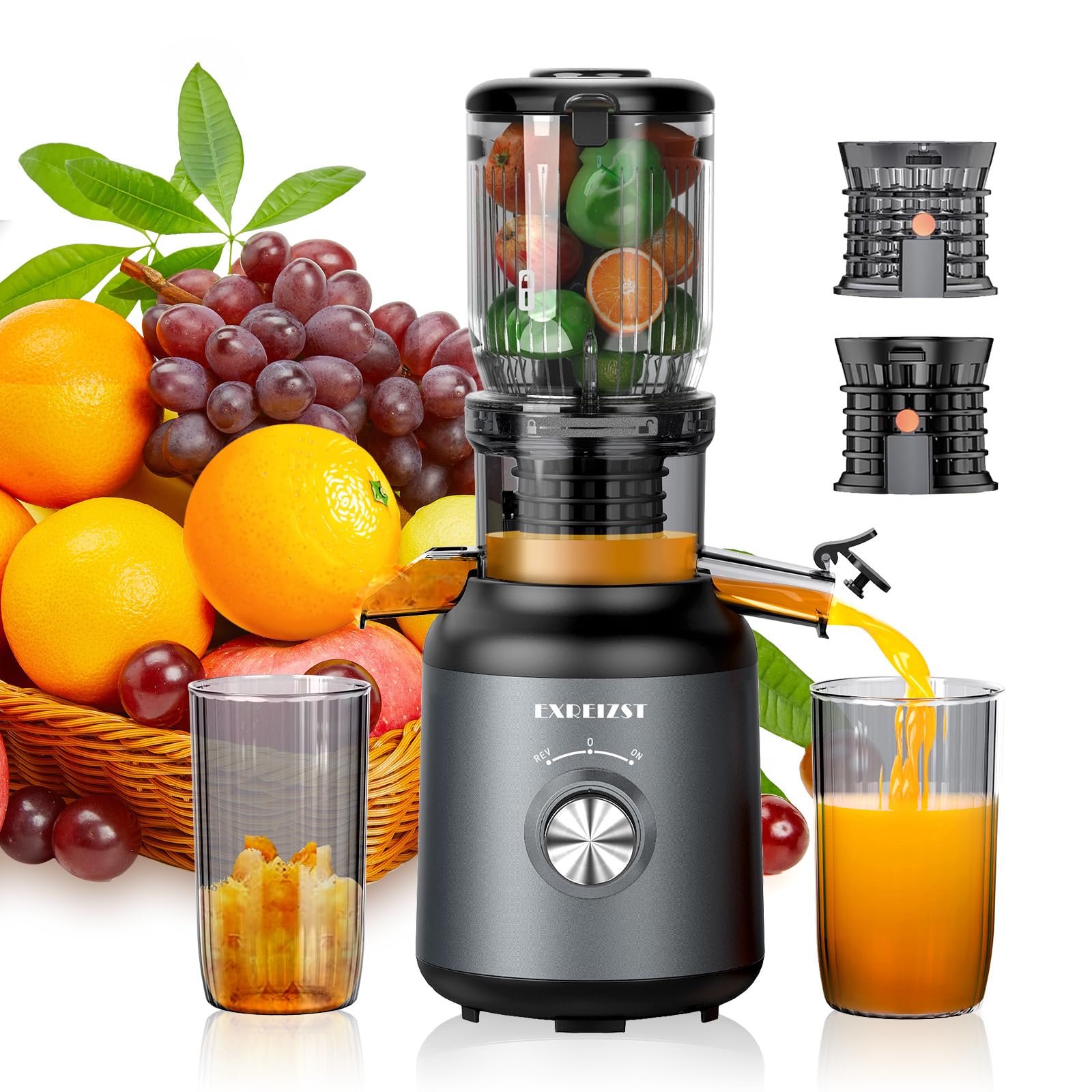 Exreizst 250W Cold Press Juicer Machines, 103mm Wide Chute for Whole Fruits & Veg, Slow Masticating, BPA-Free Tritan, Grey – High Yield Quiet Extractor, Healthy Morning Juice for Family & Kids