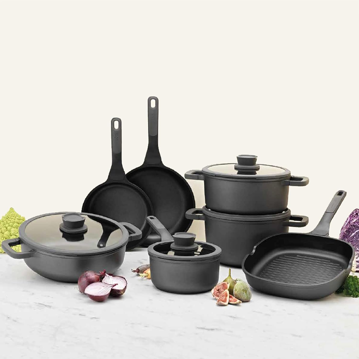 Stone 11Pc Nonstick Cookware Set With Glass Lid, Ferno-Green, Non-Toxic Coating, Stay-cool Handle, Silicone Cover, Spoon Rest, Induction Cooktop