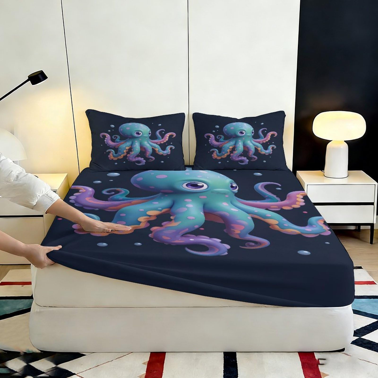 3D Druck Ozean Krake Spannbettlaken Mikrofaser Tiefes Taschen Schlafzimmer Bettwäsche Krake Matratzenschutz Spannbezug rutschfest Waschbar 200x200x25cm