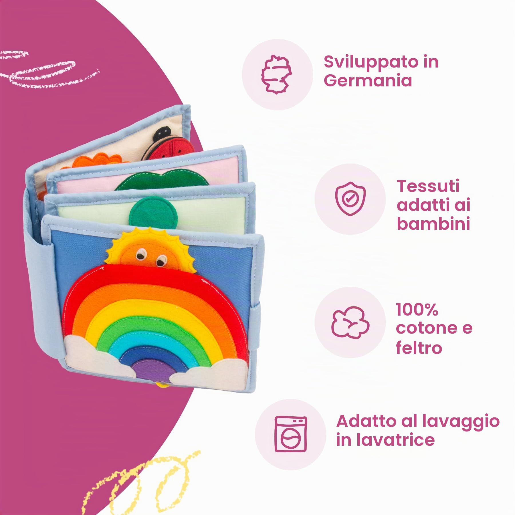 Jolly Designs® Premium Quiet Book Sunshine per bambini | Giocattoli Montessori a partire da 1 anno | Libro delle abilità motorie con varie attività