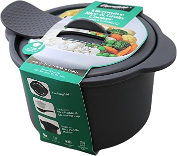 Dependable Industries Inc. Essentials Multi Use Microwave Rice and Grain Cooker Vegetable Steamer with Mixing Serving Paddle and Measuring Cup BPA Free 2.7L