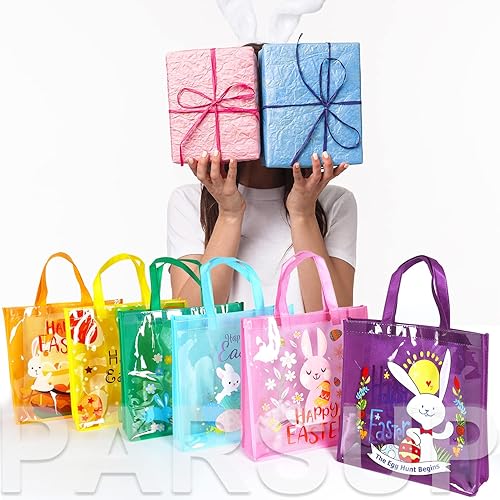 Miniatura 6 de 6 bolsas de caza de huevos de Pascua felices, bolsas de regalo de huevos de zanahoria con asas, bolsas multifuncionales no tejidas para envolver