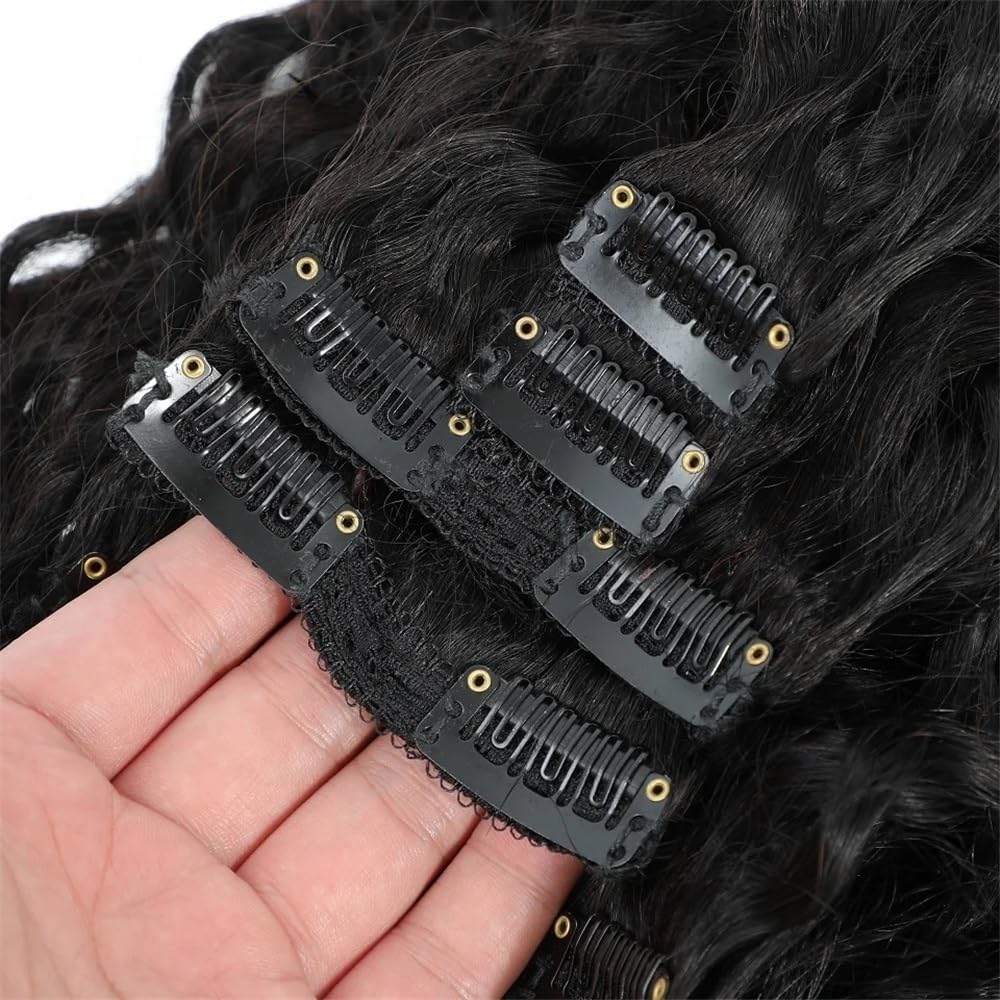 Doren Deep Curly Clip In Human Hair Extensions for Women 8 Pcs 20 Clips 120g Brazilian Remy Hair Water Wave Clip Ins Natural Black 8-24 Inches(8inches)