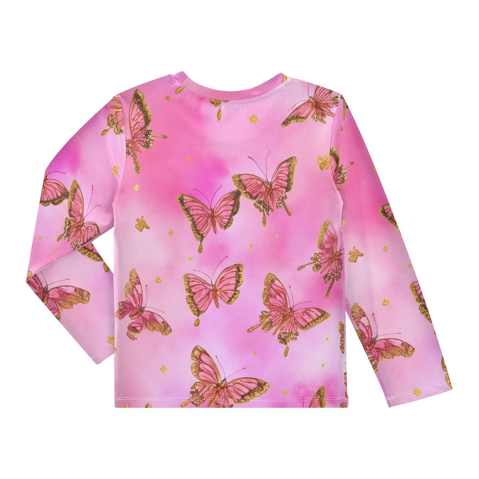 Butterfly Golden Confetti Pink Boy's Rash Guard Swim Shirt Long Sleeve Sun Shirt for Kids Toddlers UPF50+ 4T