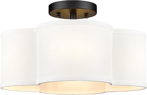 Vista 32 de Luces de Techo Semiempotradas Doradas, Lámpara de Techo de 4 Luces de 18" con Pantalla de Tela en Forma de Flor, Iluminación de Tambor de Latón