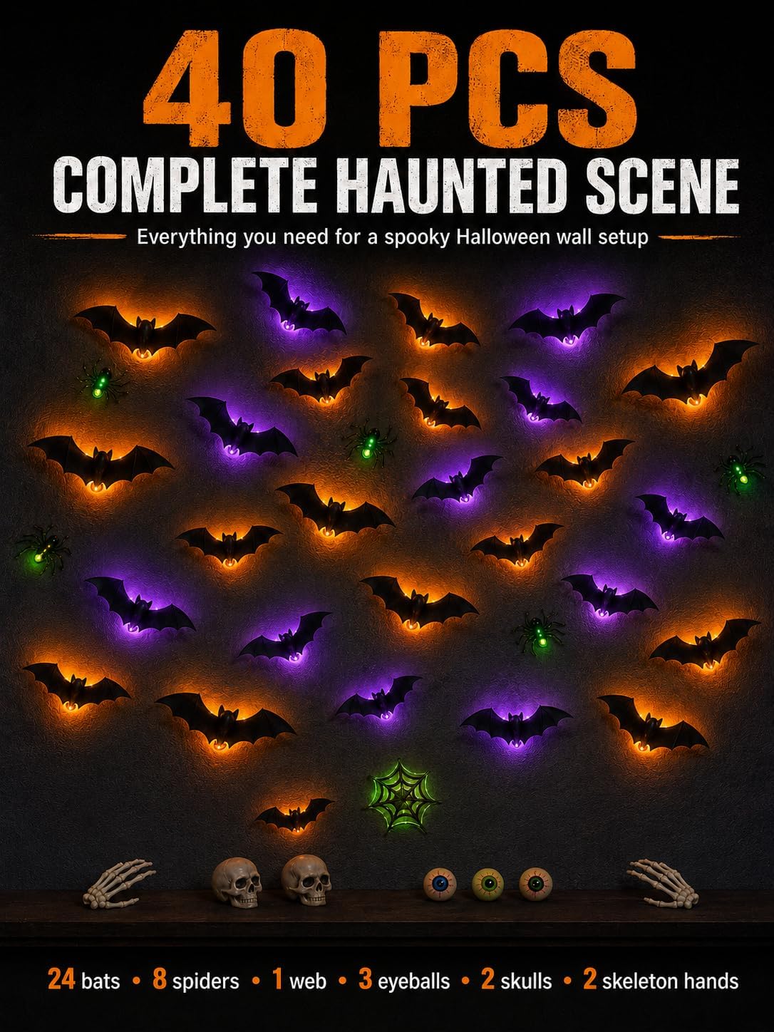 40 PCS 3D LED Halloween Bats Wall Decor with Spiders, Web & Skulls