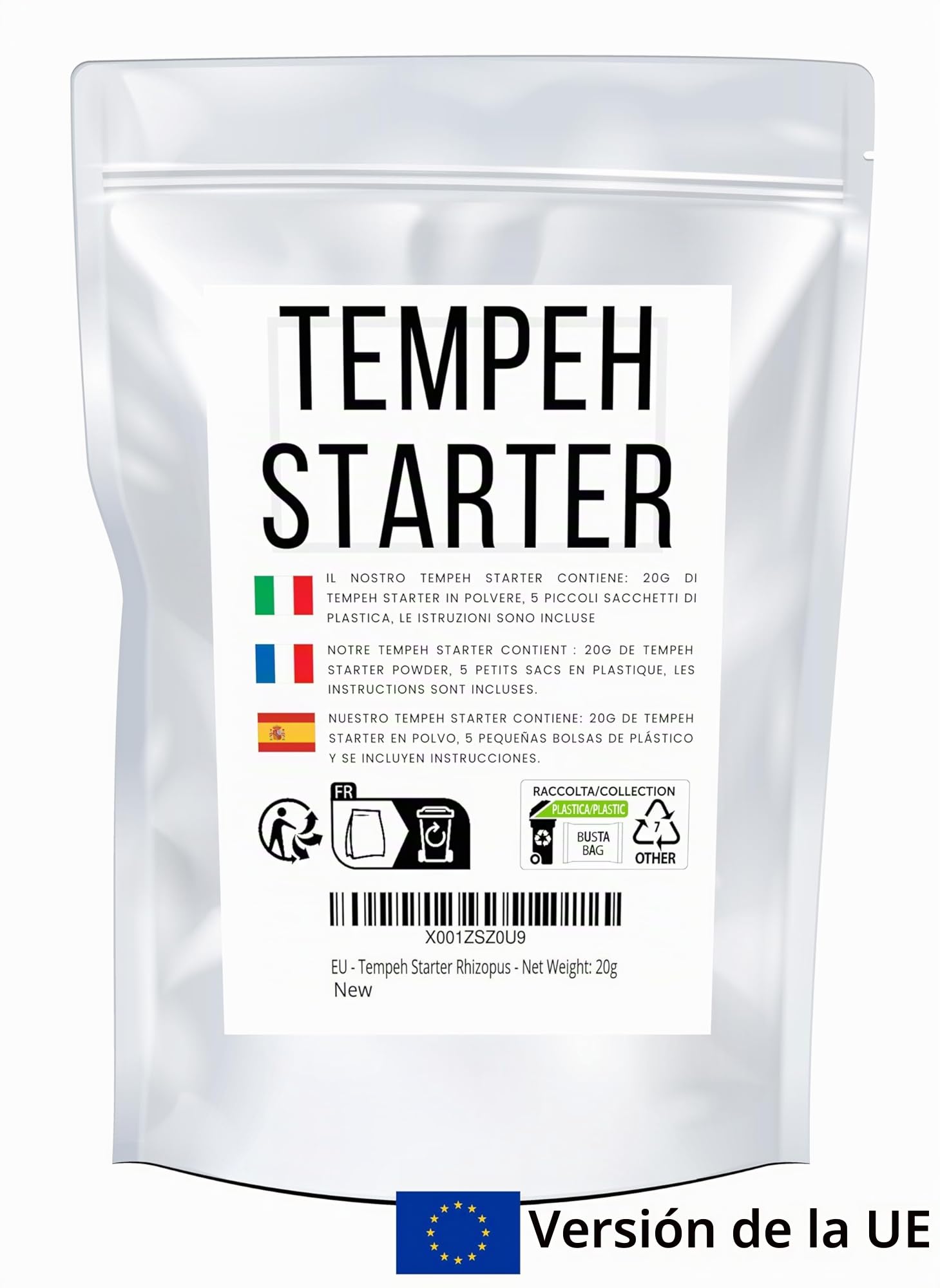 Tempeh - Cultivo iniciador con esporas de Rhizopus - Prepara un delicioso tempeh en casa, Tempeh Rhizopus rico en proteínas (Rhizopus oligosporus) - Peso neto: 19,8 g. Carne vegetal casera. Sin gluten