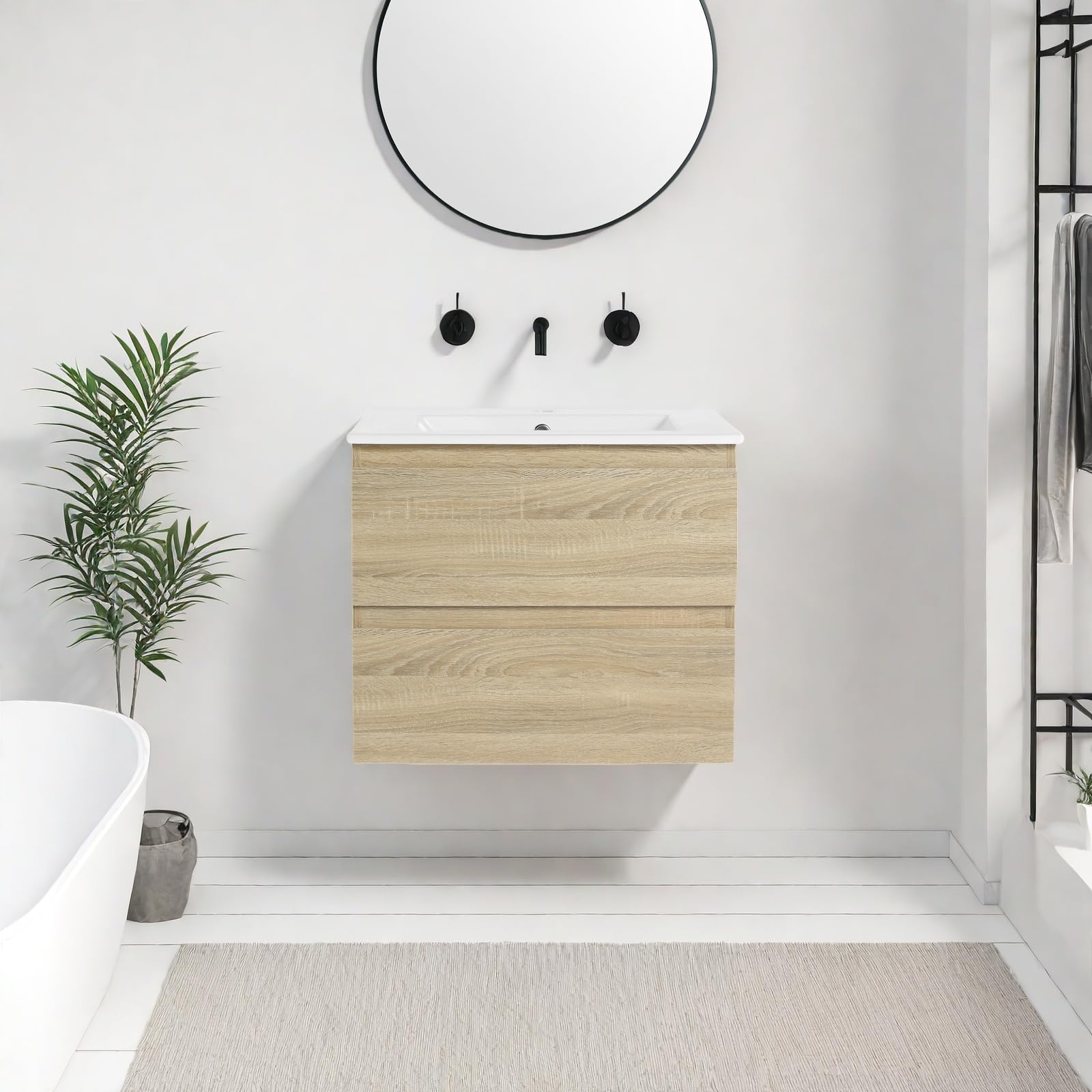 Floating Bathroom Vanity with Sink, 24" Wall-Mounted Vanity with White Ceramic Basin &amp; Woodgrain Finish, Space Saving Small Bathroom Storage Cabinet with 2 Soft-Close Drawers, Light Oak