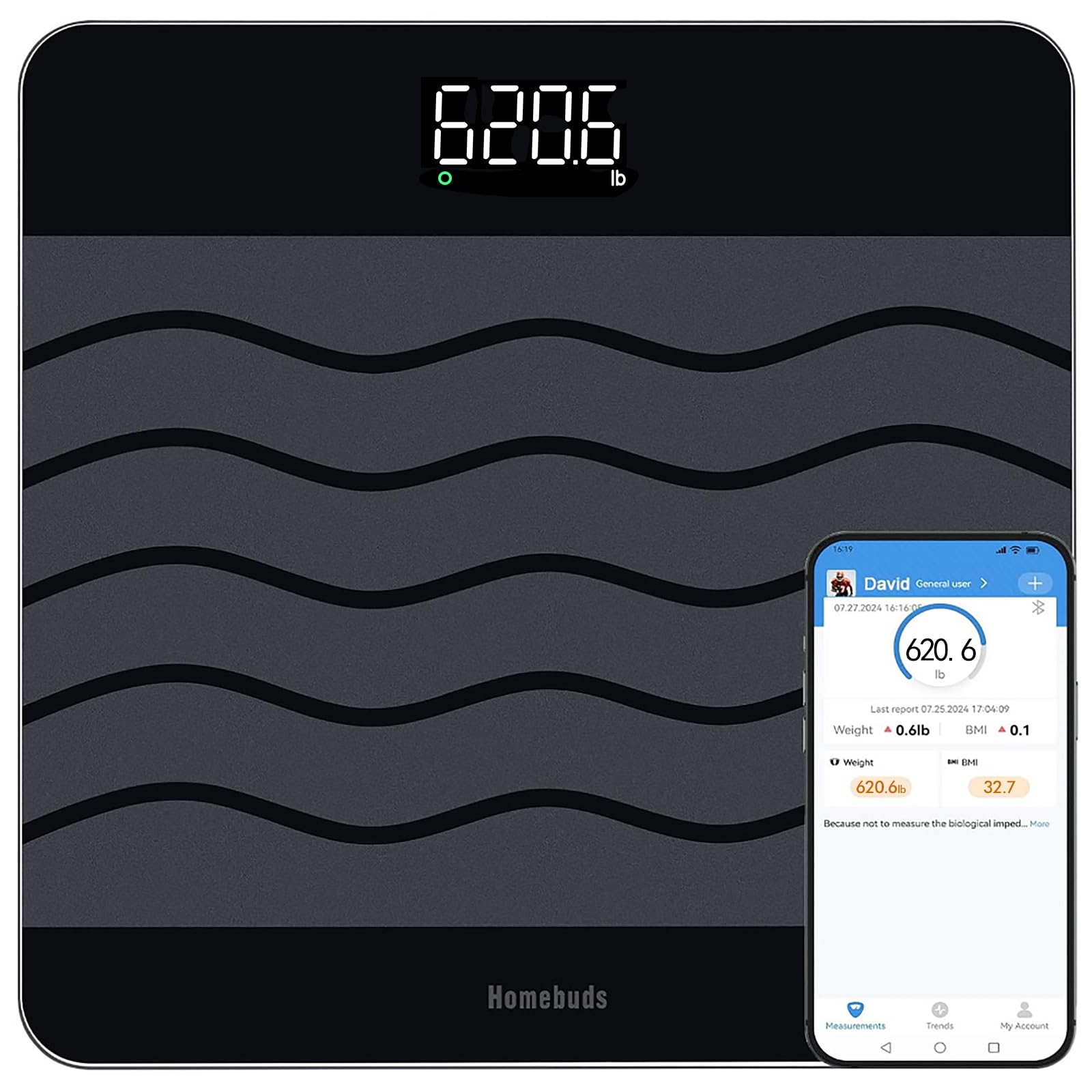 Homebuds 300kg Personenwaage, Präzision 0,05kg Unsere Waage Fabrik Professionelle Seit 2001, Smart Waage Personen Digital BMI Per App, 8mm Gehärtetes Glas 315 * 315mm, LED, Schwarz