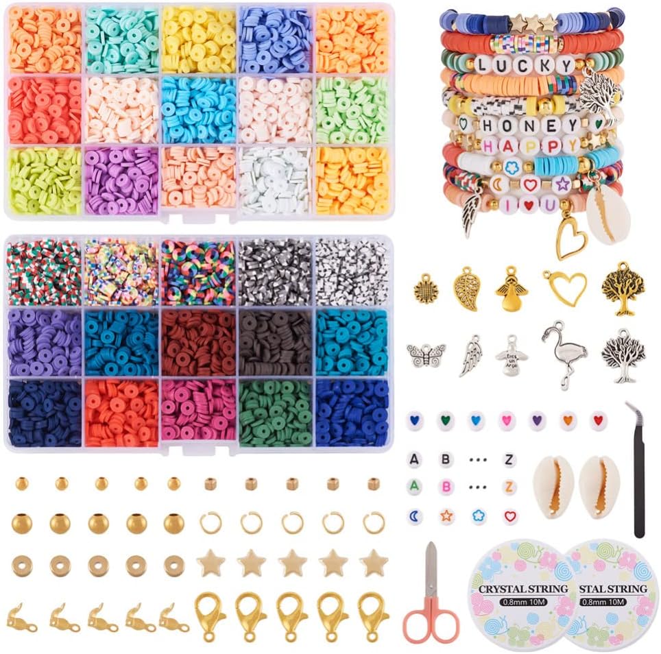Cheriswelry DIY Preppy Bracelet Making Kit with 7280pcs 30 Color 6mm Disc Flat Round Polymer Clay Heishi Beads &Acrylic Metal Plastic Beads Jump Ring Pendants Thread Scissor for Jewelry Making