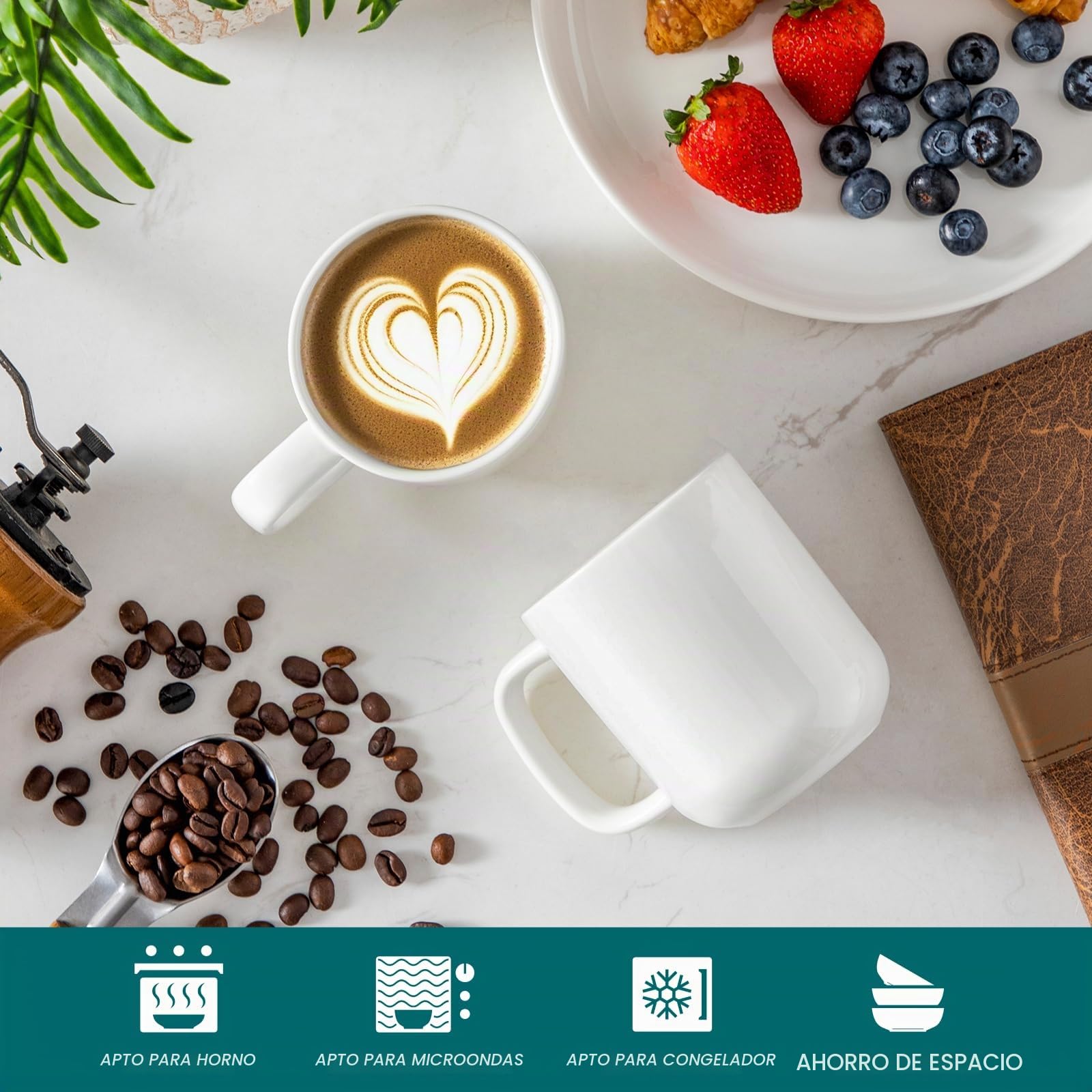 vancasso Juego de 6 Tazas de Café de Gres - 360ml - Tazas de Desayuno con Asa para Leche, Té, Avena, Yogur – Resistente a Lavavajillas y Microondas – Style Blanco