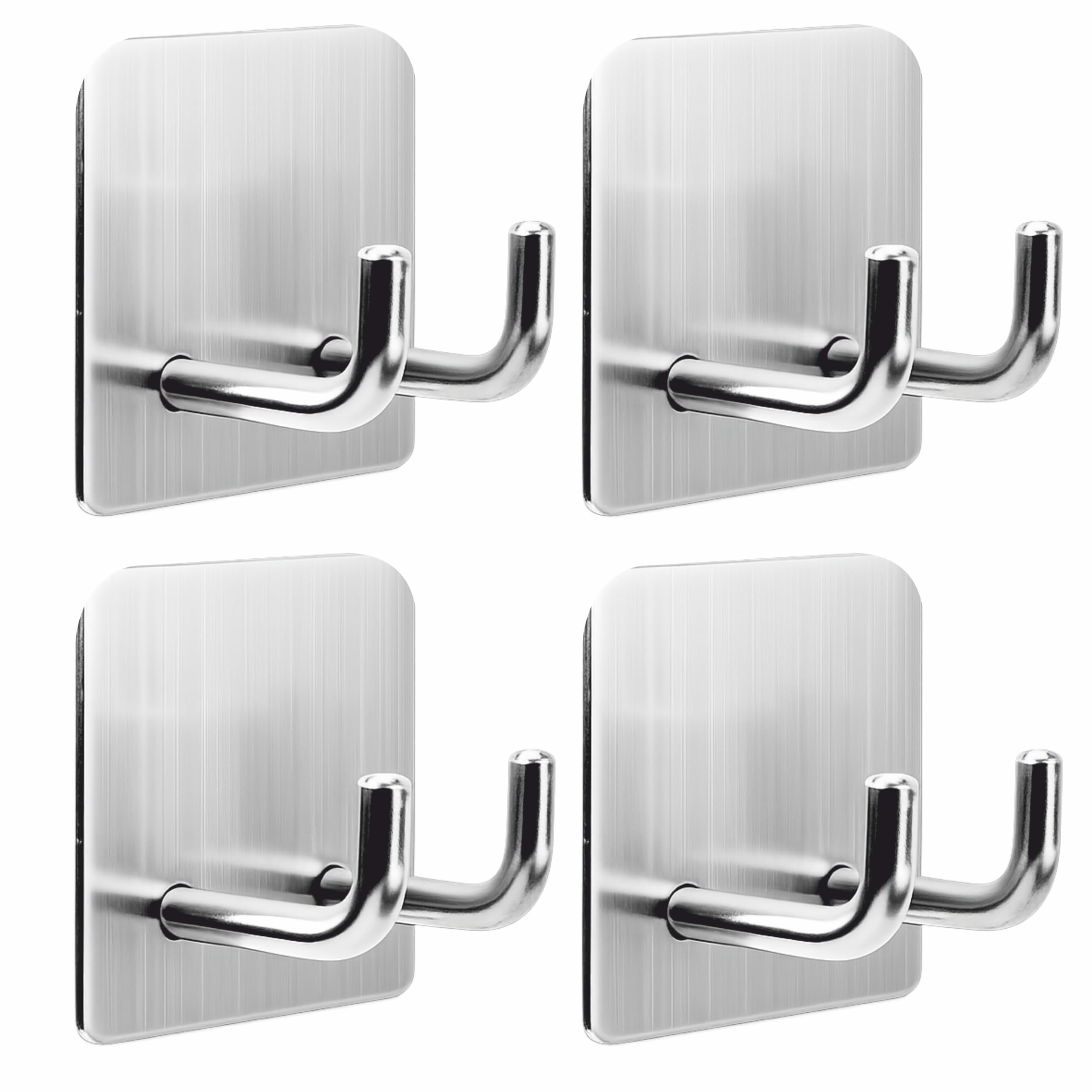 JIALTO 4 pcs Self-Adhesive Waterproof Stainless Steel Hooks: Heavy-Duty Wall Hangers for Bathroom & Kitchen - No Drill Needed, Strong Hold for Coats and Towels (Double J Hook Silver)