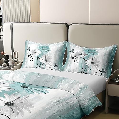 Miniatura 3 de Erosebridal Funda de edredón 100% algodón natural para mujer, juego de ropa de cama romántica con margaritas, funda de edredón de pintura al óleo de