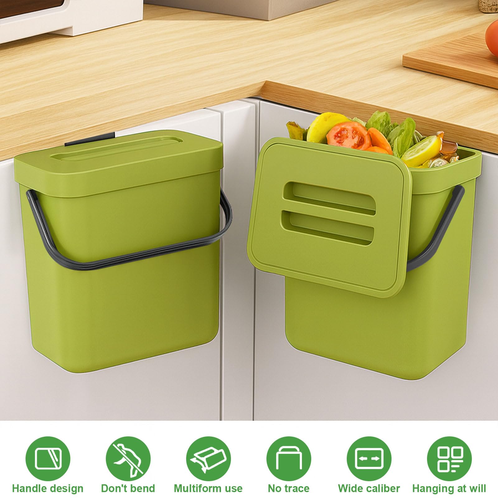 Pattumiera da Cucina 3L, Mini Biomülleimer per Cucina, Pattumiera Biomulle Sospesa, Piccolo Cestino per Rifiuti per Piano di Lavoro, Contenitore con Coperchio, Composter per Cucina, Casa