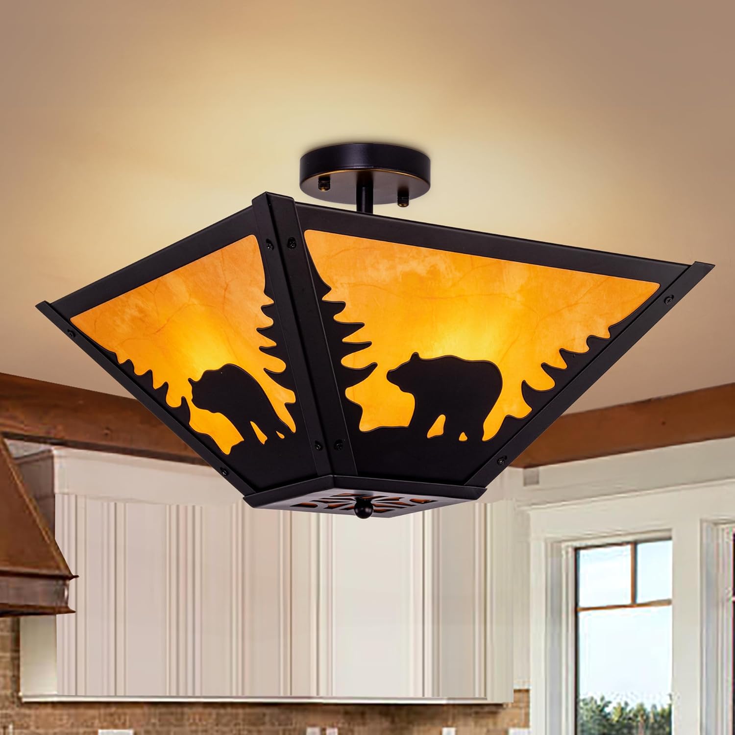 TOCHIC Rustic Semi Flush Mount Ceiling Light, Farmhouse Dining Room Light Fixture with Bear Metal Cage, 4 Lights Western Black Chandeliers Ceiling Light for Bedroom Foyer Entryway Cabin, 16.9" W