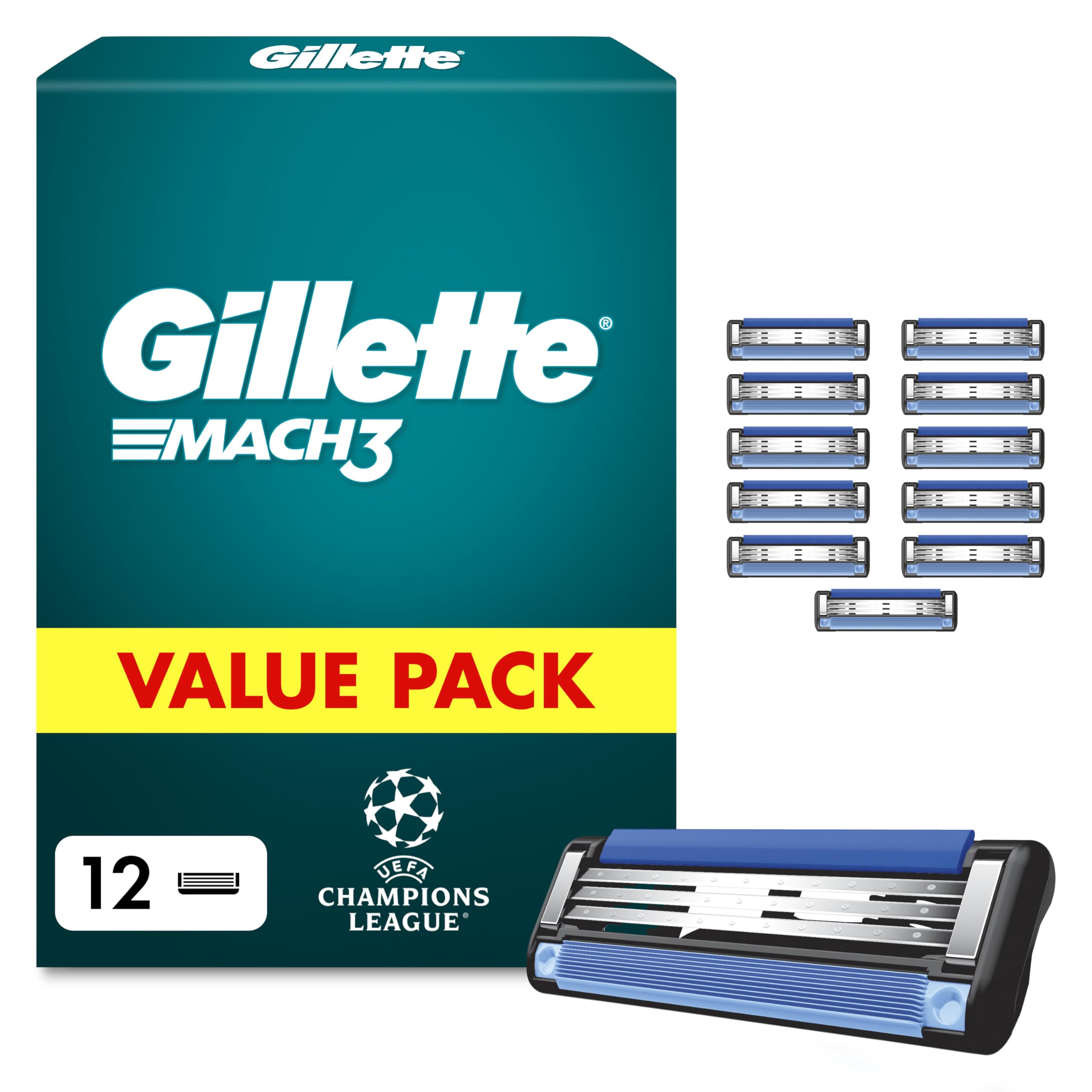 Gillette Mach3 Razor Blade Refills for Men, 12 Count - UEFA Champions League Special Edition, Precision Cut Steel Blades, Up to 15 Shaves Per Blade