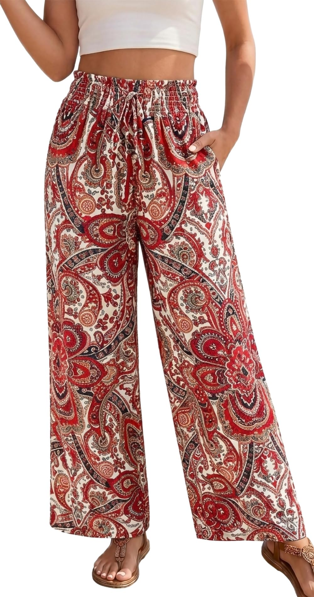 YUTILA Damen Sommerhose Weite High Waist Strandhose Boho Leichte Luftig Freizeithose mit Taschen Palazzo Hose Einfarbig & Muster