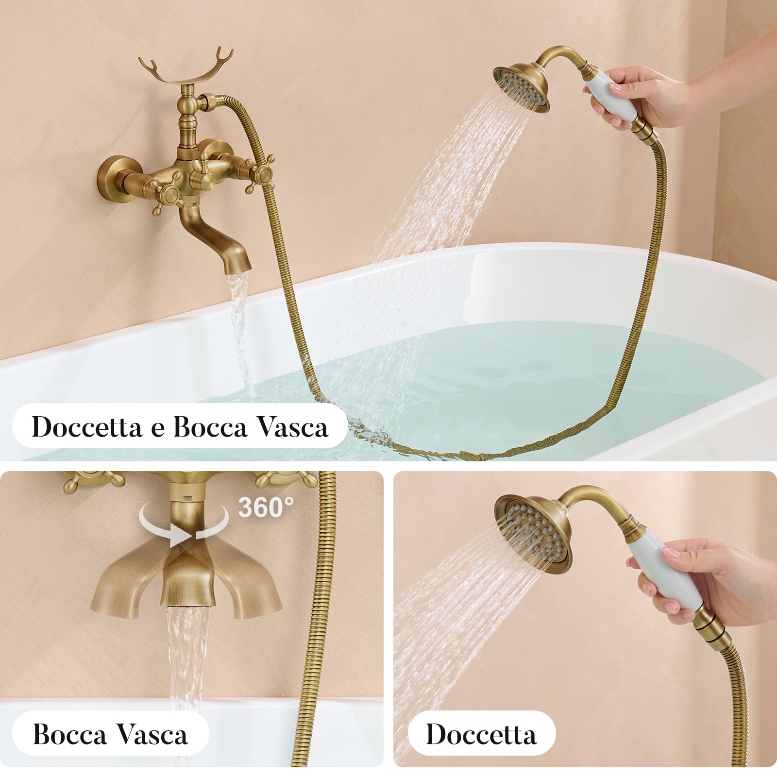 Auralum Rubinetto Vasca da Bagno in Ottone Oro Vintage con Telefono Doccia
