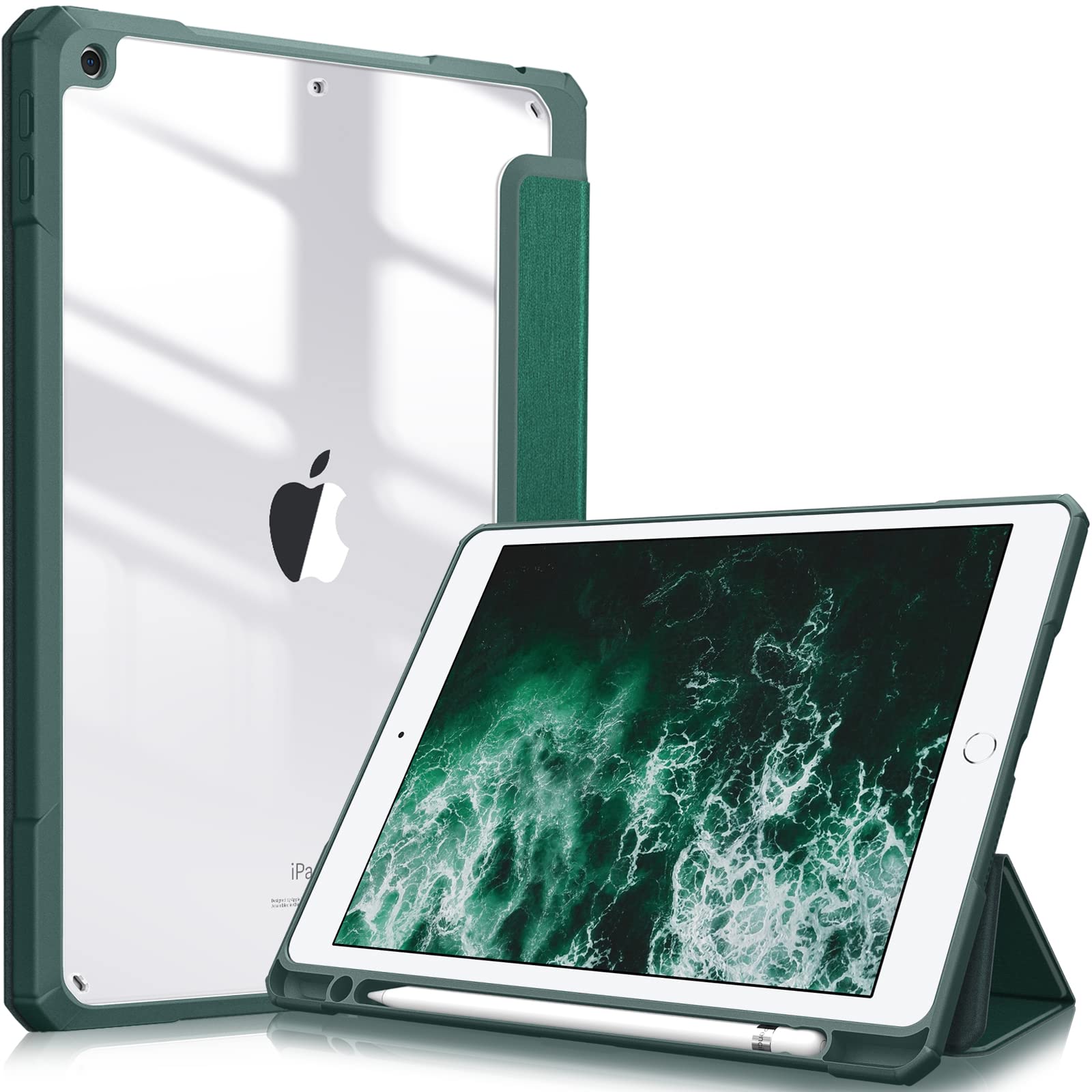 Fintie Hybrid Hülle für 10.2 Zoll iPad 9. Generation 2021/8. Gen 2020/7. Gen 2019 mit Stifthalter - Stoßfeste Schutzhülle mit transparenter Hartschale auf der Rückseite, Satinoptik Grün